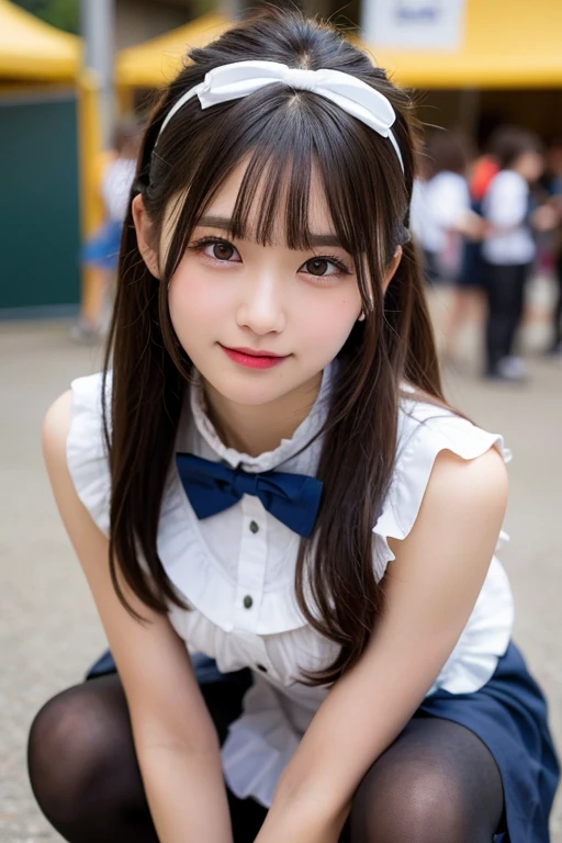 (Best Quality,4K,High resolution:1.2), Ultra-detailed, Realistic portrait, Best Quality, (outside japanese high school), (passionate scene),one very young looking high school girl, (intense emotion), (carp), (kiss:1.1), , (open eyes),(innocent look), student clothes, long black hair with bows and ribbons、Mini Pleated Skirt、(Stockings), standing, open mouth, (very big breasts), lingerie, pigtails, thin tiny waist, black and pink marching band uniform with bow, having fun, , big brown eyes, big cute smile, (full body, perfect long legs, looking up staring into camera, far away), (muscular lean abs, tight cropped blouse)