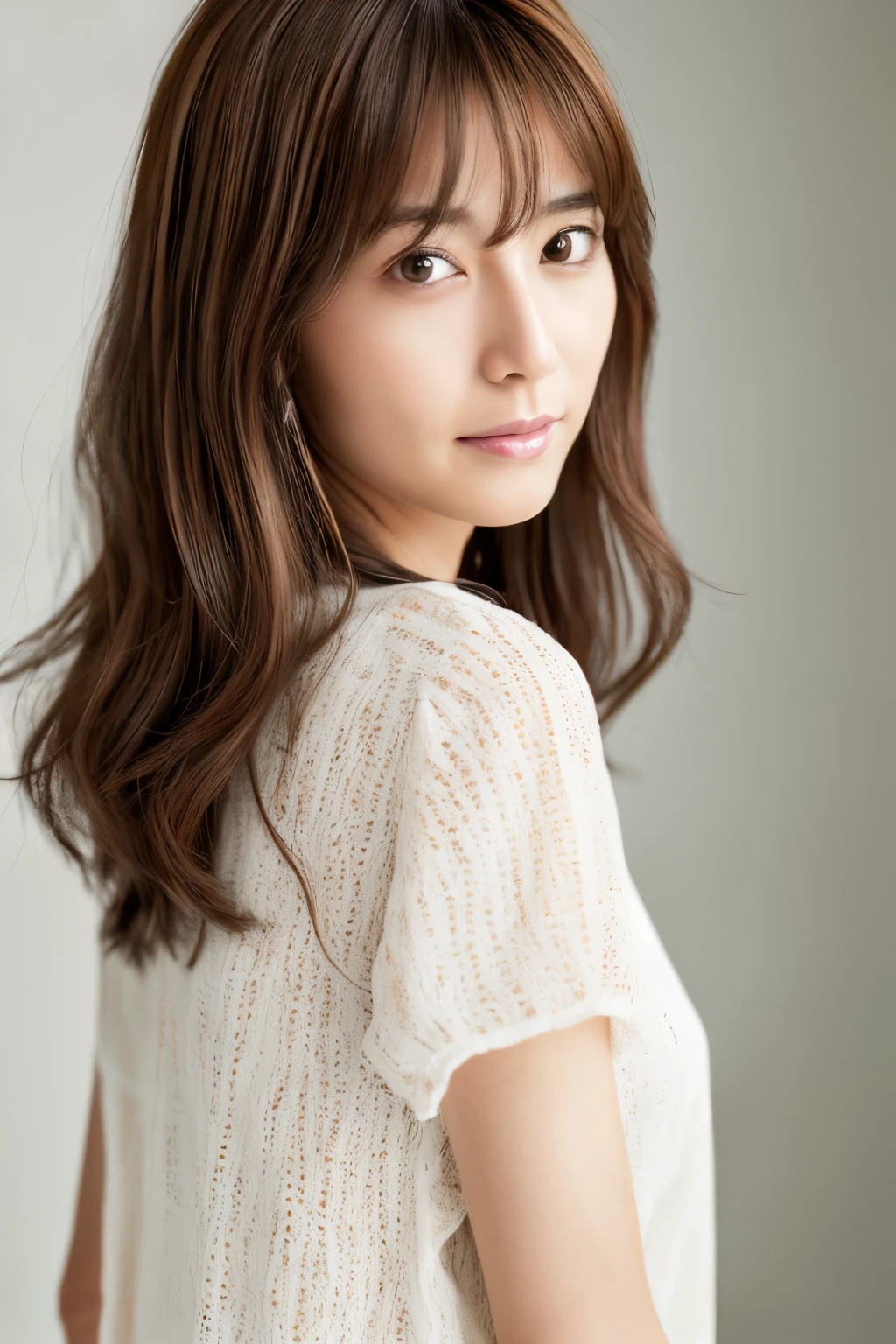 ((highest quality, 8K, masterpiece:1.3)), ultra high resolution, (photorealistic:1.4), raw photos, Skinny Japanese woman, age 30s, Cute face, (detailed face), (detailed eyes), (Highly detailed skin texture), brown hair, photo from behind, white blouse