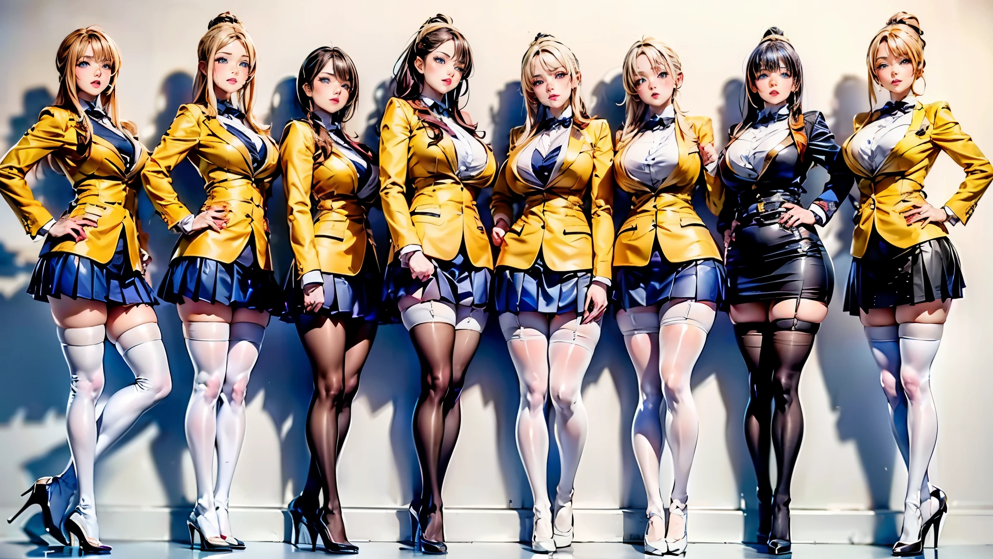 ((masterpiece, High resolution)), ((Thousands, crowd)), girl, group, clone, (( brown haired girl, blonde girl)), Long Hair, curl, Matching hairstyle, Different hair colors, have confidence, elegant, rich girl, emotionless, Place your arms at your sides, Straight, (((Matching clothes, Same clothes, Yellow Uniform, sexy , Yellow Blazer, Short skirt, White Stockings, White Stockings, Black high heels))), Standing still, Alongside, Same posture, 姉妹はきちんとAlongsideいた, Many lines, Human attack、Camel Toe、Giant tit、Nipple Puffs、Cleavage、Plump、Super big breasts、Super big butt、Temptation、lure、Sparkling