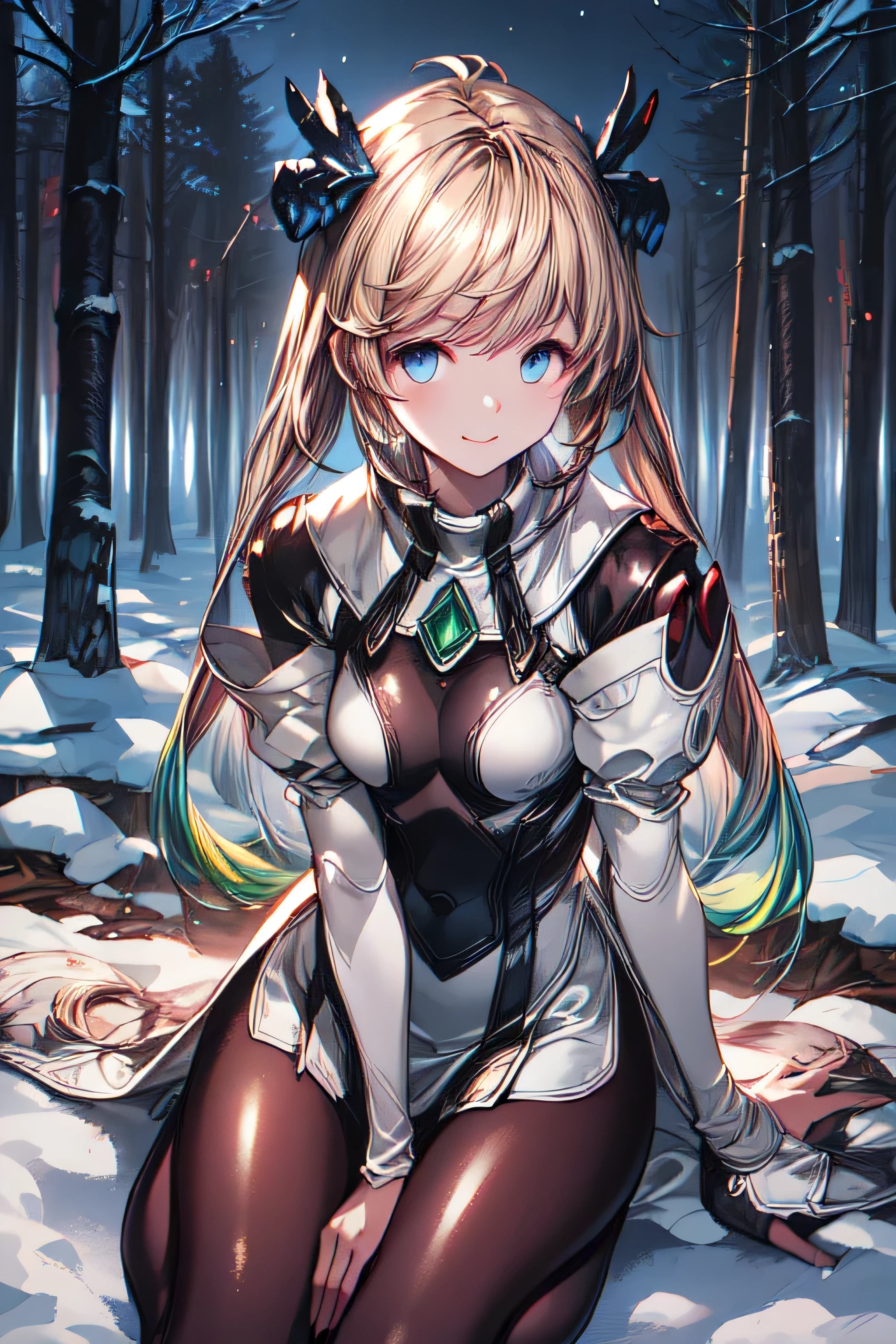 ioeuclase, hair ornament, white dress, black thighhighs, detached sleeves, sitting wariza,grass,sky,smile, wariza,grass,sky,smile, intricate eyes,beautiful detailed eyes,symmetrical eyes,big eyes:1.5, cowboy shot, seductive eyes, sitting, ,intricate eyes,beautiful detailed eyes,symmetrical eyes,big eyes:1.5,(((lustrous skin:1.5,bright skin: 1.5,skin tanned,shiny skin,very shiny skin,shiny body,plastic glitter skin,exaggerated shiny skin,illuminated skin))),(detailed body,(detailed face)), cute, erotic,daring, (((medieval armor,adventurer man armor,winter coat))),(((intricate outfit,intricate clothes, embroidered outfit,ornate outfit,embroidered clothes,ornate armor))), (dynamic pose:1.0),(centered,scale to fit dimensions,Rule of thirds), ((snowy pine forest at night)), with dark stormy clouds,winter,scenery:1.25,((snow forest background)),Christmas tree, highres,sharp focus,(ultra detailed,extremely detailed),(photorealistic artwork:1.37),(extremely detailed CG unity 8k wallpaper),(((vibrant colors,vibrant theme))),(intricate),(masterpiece),(best quality), uniform, dress, pantyhose
