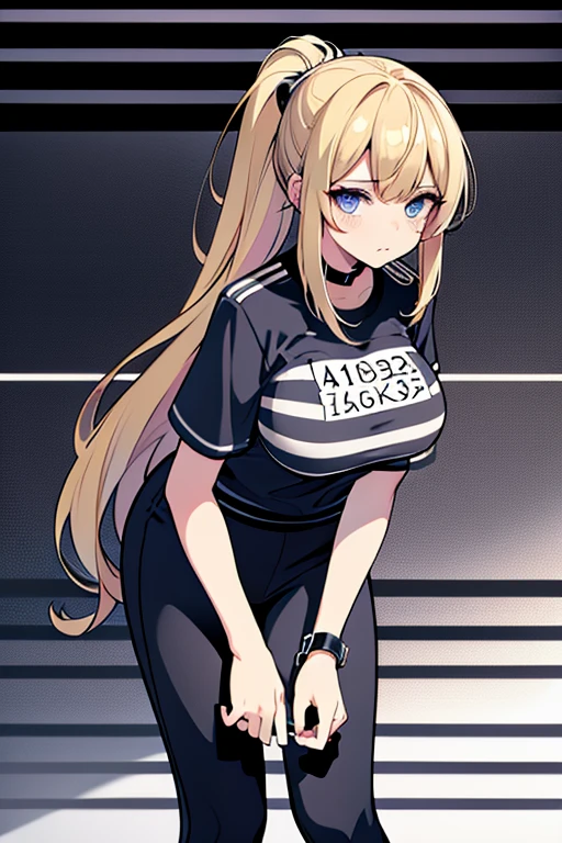 blonde hair, long hair, ponytail, blue eyes, black and white striped jumpsuit, prison uniform, prisoner, prisoned, jailed, jail cell, huge breasts, handcuffed, chained