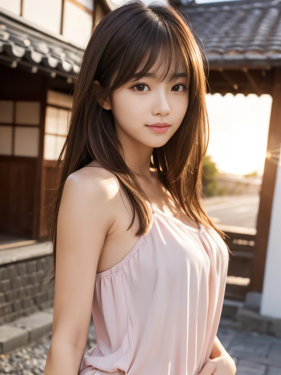 masterpiece, best quality, ultra high res, ultra detailed, sharp focus, 1girl, solo, a stunning pretty and beautiful Japanese sexy model, 19yo, looking at viewer:1.3, (bright smile:0.6), wearing a (blouse), dusk, sunset, night, realistic, slender, (standing:1.1), (looking at the viewer:1.3), sexy gaze, blush, (upper body shot:1.6), medium hair, messy hair, asymmetrical bangs, light brown hair, messy hair style,