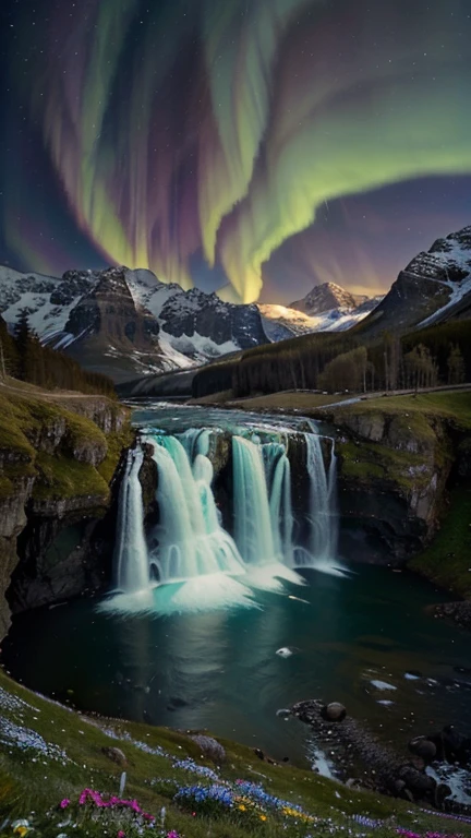High in the snow-capped peaks of a majestic mountain range lies a hidden waterfall unlike any other. Fed by glacial meltwater, the Aurora Falls cascades down the rocky cliffs in a series of graceful tiers, each illuminated by the dancing colors of the aurora borealis. As night falls, the sky above comes alive with ribbons of vibrant light, painting the landscape below in hues of green, purple, and blue. The waterfall itself seems to come alive, its crystalline waters refracting the auroras above, creating a mesmerizing display of color and motion. Surrounding the falls, a lush alpine meadow blooms with an array of wildflowers, their delicate petals swaying in the cool mountain breeze. Here, amidst the splendor of nature's light show, one can't help but feel a profound sense of wonder and awe.