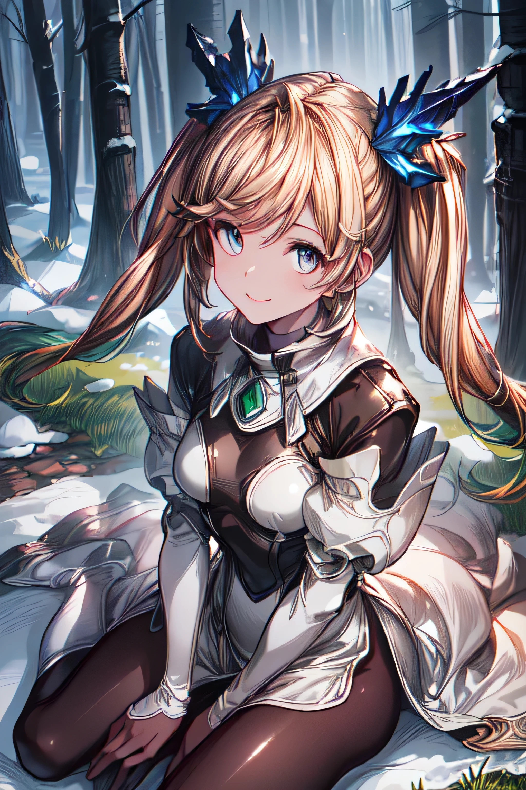 ioeuclase, hair ornament, white dress, black thighhighs, detached sleeves, sitting wariza,grass,sky,smile, wariza,grass,sky,smile, intricate eyes,beautiful detailed eyes,symmetrical eyes,big eyes:1.5, cowboy shot, seductive eyes, sitting, ,intricate eyes,beautiful detailed eyes,symmetrical eyes,big eyes:1.5,(((lustrous skin:1.5,bright skin: 1.5,skin tanned,shiny skin,very shiny skin,shiny body,plastic glitter skin,exaggerated shiny skin,illuminated skin))),(detailed body,(detailed face)), cute, erotic,daring, (((medieval armor,adventurer man armor,winter coat))),(((intricate outfit,intricate clothes, embroidered outfit,ornate outfit,embroidered clothes,ornate armor))), (dynamic pose:1.0),(centered,scale to fit dimensions,Rule of thirds), ((snowy pine forest at night)), with dark stormy clouds,winter,scenery:1.25,((snow forest background)),Christmas tree, highres,sharp focus,(ultra detailed,extremely detailed),(photorealistic artwork:1.37),(extremely detailed CG unity 8k wallpaper),(((vibrant colors,vibrant theme))),(intricate),(masterpiece),(best quality), uniform, dress, pantyhose