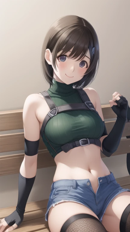 yuffiekisaragi, Yuffie Kisaragi,haircut, pixie cut,
壊す crop top, fingerless gloves, Fishnet tights Thighhighs, Fishnet tights, forehead protector, gloves, head band, belly button, short shorts, shorts, single sleeve, single thigh high, sleeveless, sleeveless turtleneck, Thighhighs, turtleneck,
bench、blue sky、smile