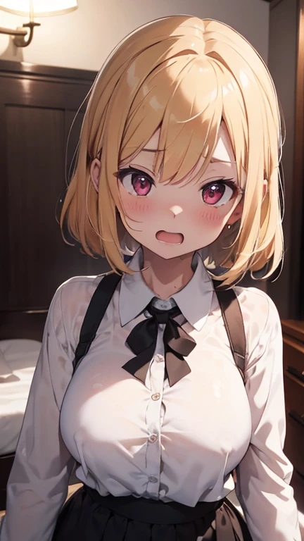 beautiful cute girl,(beige hair:1.2),,(purplered eyes:1.2),(Flower school uniform:1.2),(blazer check uniform:1.2),((lace:1.2)),(首を傾げる:1.3), (lie on back:1.15),(open your mouth:1.1),smile,close-up Face,(nsfw:1.1)