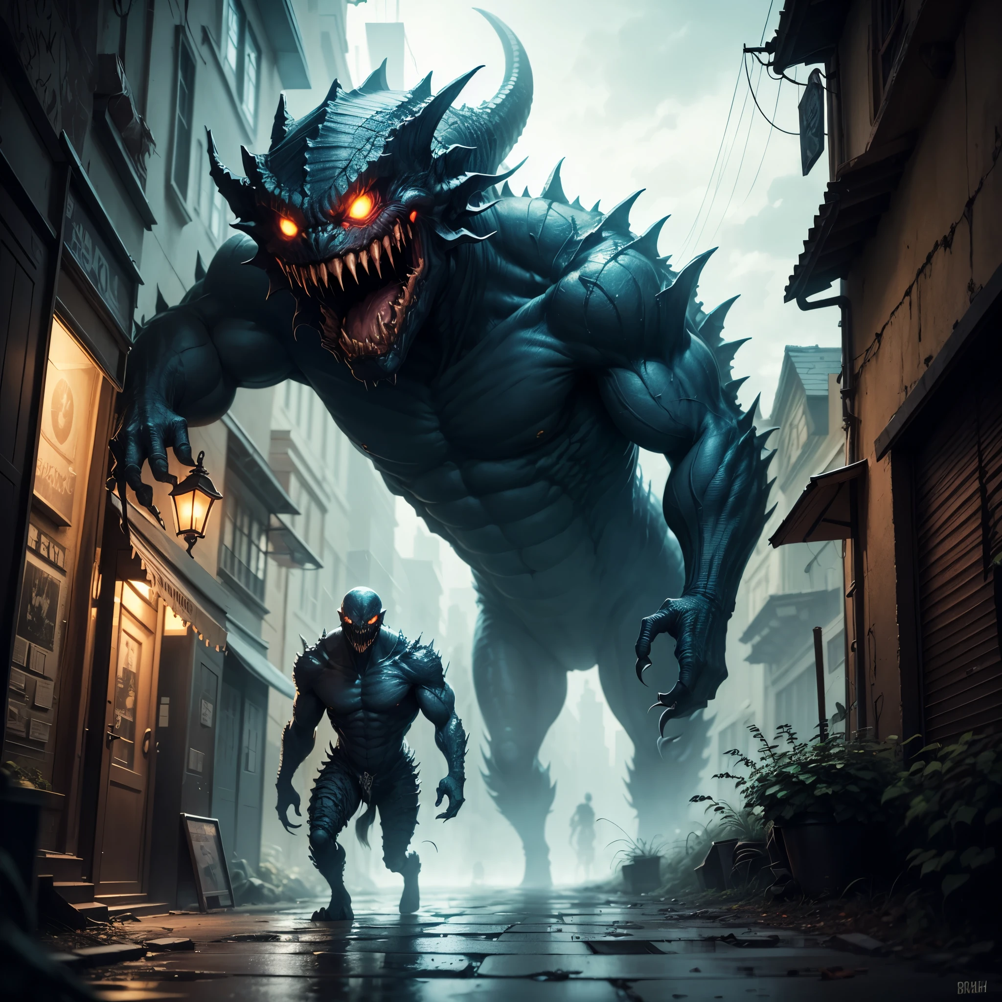 An eldritch monster stalks a dark alleyway, city at nigh, horror