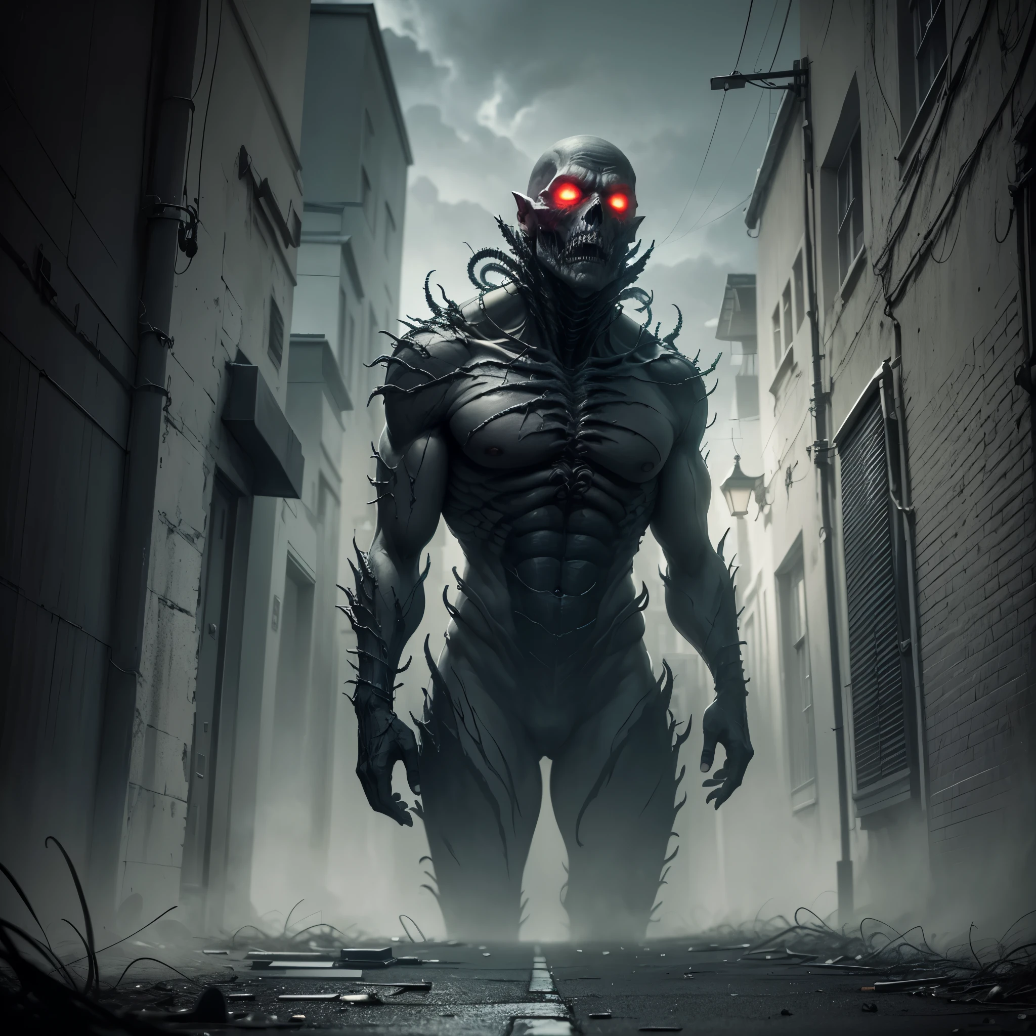 (best quality,4k,8k,highres,masterpiece:1.2),ultra-detailed,(realistic,photorealistic,photo-realistic:1.37),horror,dark,eldritch monster,dark alleyway,city at night,dreadful atmosphere,ominous shadows,ominous and creepy figure,lurking in the darkness,sinister presence,unearthly appearance,eerie and unsettling,menacing tentacles,twisted and contorted body,dreadful eyes described in intricate detail,horrifying and grotesque features,imposing and towering figure,enveloped in a sense of fear and dread,mysterious and foreboding atmosphere,emitting an otherworldly aura,gloomy and forbidding environment,dimly lit streetlights casting long and eerie shadows,evoking a sense of imminent danger and terror,unsettling whispers and eerie sounds echoing in the alleyway,horror movie-like setting,conveying a sense of paranoia and unease,creating a spine-chilling and hair-raising scene.