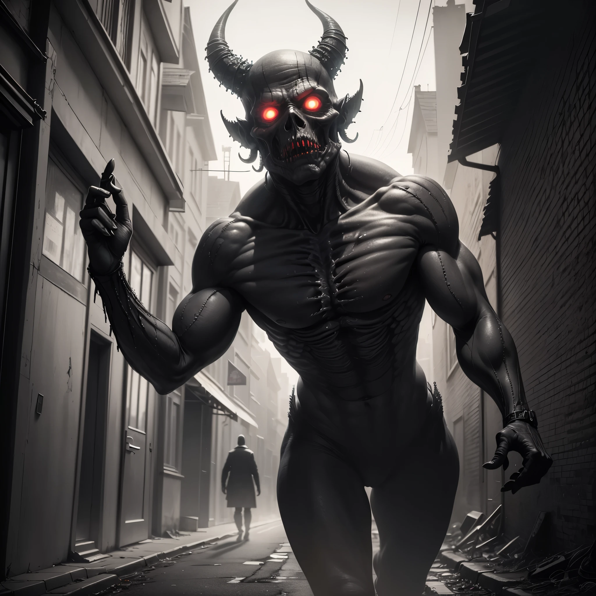 (best quality,4k,8k,highres,masterpiece:1.2),ultra-detailed,(realistic,photorealistic,photo-realistic:1.37),horror,dark,eldritch monster,dark alleyway,city at night,dreadful atmosphere,ominous shadows,ominous and creepy figure,lurking in the darkness,sinister presence,unearthly appearance,eerie and unsettling,menacing tentacles,twisted and contorted body,dreadful eyes described in intricate detail,horrifying and grotesque features,imposing and towering figure,enveloped in a sense of fear and dread,mysterious and foreboding atmosphere,emitting an otherworldly aura,gloomy and forbidding environment,dimly lit streetlights casting long and eerie shadows,evoking a sense of imminent danger and terror,unsettling whispers and eerie sounds echoing in the alleyway,horror movie-like setting,conveying a sense of paranoia and unease,creating a spine-chilling and hair-raising scene.