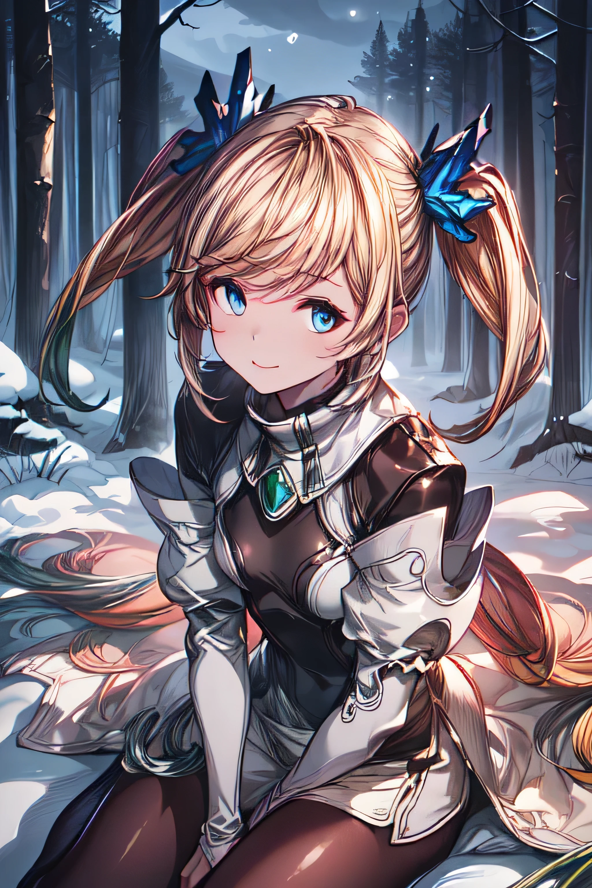 ioeuclase, hair ornament, white dress, black thighhighs, detached sleeves, sitting wariza,grass,sky,smile, wariza,grass,sky,smile, intricate eyes,beautiful detailed eyes,symmetrical eyes,big eyes:1.5, cowboy shot, seductive eyes, sitting, ,intricate eyes,beautiful detailed eyes,symmetrical eyes,big eyes:1.5,(((lustrous skin:1.5,bright skin: 1.5,skin tanned,shiny skin,very shiny skin,shiny body,plastic glitter skin,exaggerated shiny skin,illuminated skin))),(detailed body,(detailed face)), cute, erotic,daring, (((medieval armor,adventurer man armor,winter coat))),(((intricate outfit,intricate clothes, embroidered outfit,ornate outfit,embroidered clothes,ornate armor))), (dynamic pose:1.0),(centered,scale to fit dimensions,Rule of thirds), ((snowy pine forest at night)), with dark stormy clouds,winter,scenery:1.25,((snow forest background)),Christmas tree, highres,sharp focus,(ultra detailed,extremely detailed),(photorealistic artwork:1.37),(extremely detailed CG unity 8k wallpaper),(((vibrant colors,vibrant theme))),(intricate),(masterpiece),(best quality), uniform, dress, pantyhose