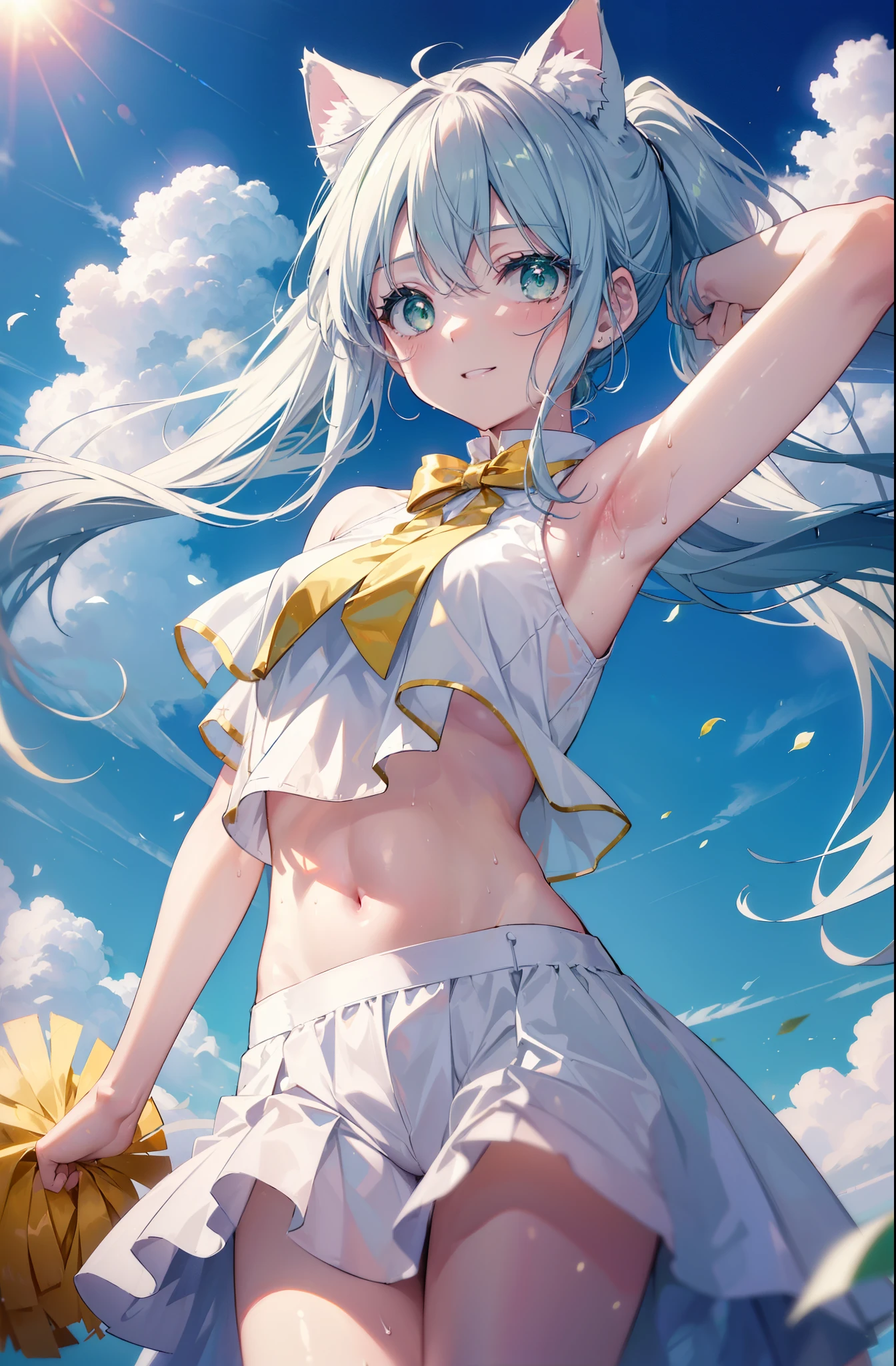 index, index, (green eyes:1.5), silver hair, long hair, (flat chest:1.2),ponytail,smile,blush,open your mouth,(cheer leading), (whole body),animal ears　 Cat ear,Animal tail　cat tail,lower, (sweaty), sweaty Wet Clothes, (white clothes), , Navel support, playground, (jump), (jump), 足を曲げてjumpする, air, blue sky, Grass原, smile,Cheerleader, pom pom \(cheer leading\), Grass, smile, 
break looking at viewer, Upper body, whole body,
break indoors, stadium,
break (masterpiece:1.2), highest quality, High resolution, unity 8k wallpaper, (figure:0.8), (detailed and beautiful eyes:1.6), highly detailed face, perfect lighting, Very detailed CG, (perfect hands, perfect anatomy),