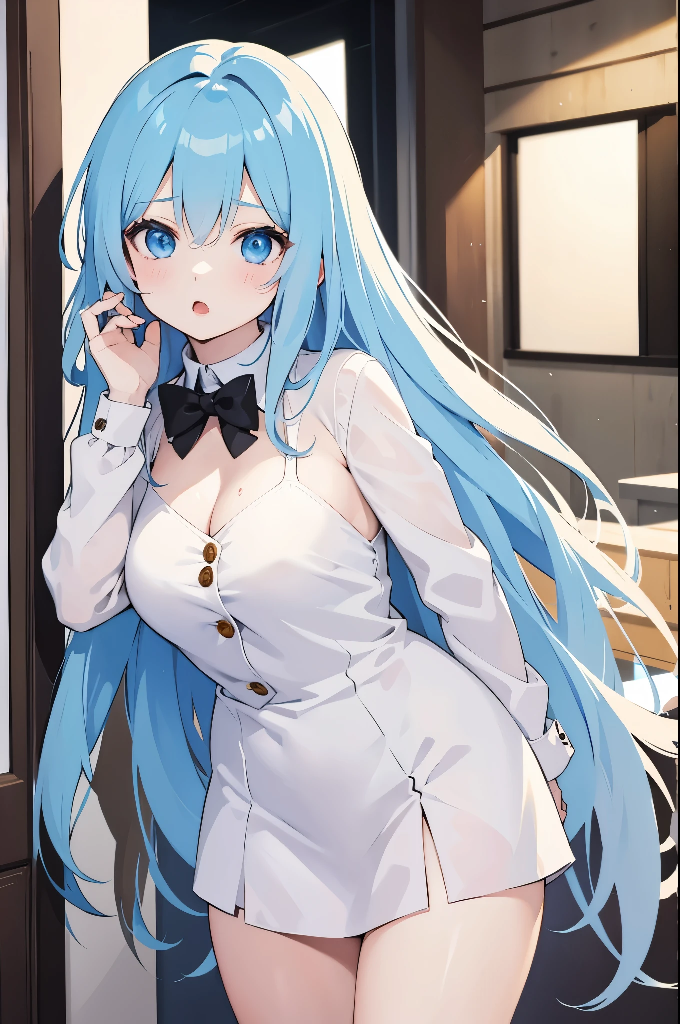 Create an image of a fictional female anime character with the following specifications::
1. hair: Character must have long hair. Hair color must be two-tone, Any color combination is possible.
2. costume: Character must wear a white long-sleeved shirt. You must also wear black pantyhose..
3. Image quality: Images must have high resolution and be very clear.
4. anatomical details: Some expressions of the character must include extra fingers and, Other expressions require fewer fingers.
5. Setting: The character should be depicted lying in bed and in a seductive pose.
6. content warning: Image is NSFW with pubic hair visible(Youth not allowed) Must be content.
