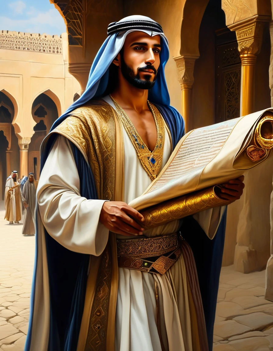 A Arabian prince from the Medieval era who is strong and friendly, packing his beautiful and fine belongings, getting ready to leave the city he visited and return to his hometown, holding an ancient scroll map, wearing a robe with gold embroidery and additional jewelry, an oil painting on canvas with a photorealistic, cinematic style