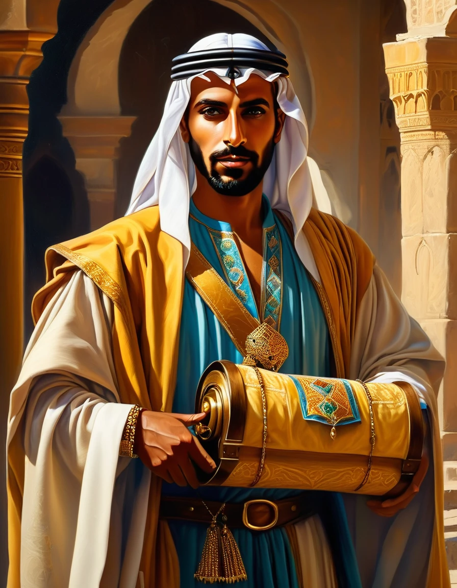 A Arabian prince from the Medieval era who is strong and friendly, packing his beautiful and fine belongings, getting ready to leave the city he visited and return to his hometown, holding an ancient scroll map, wearing a robe with gold embroidery and additional jewelry, an oil painting on canvas with a photorealistic, cinematic style