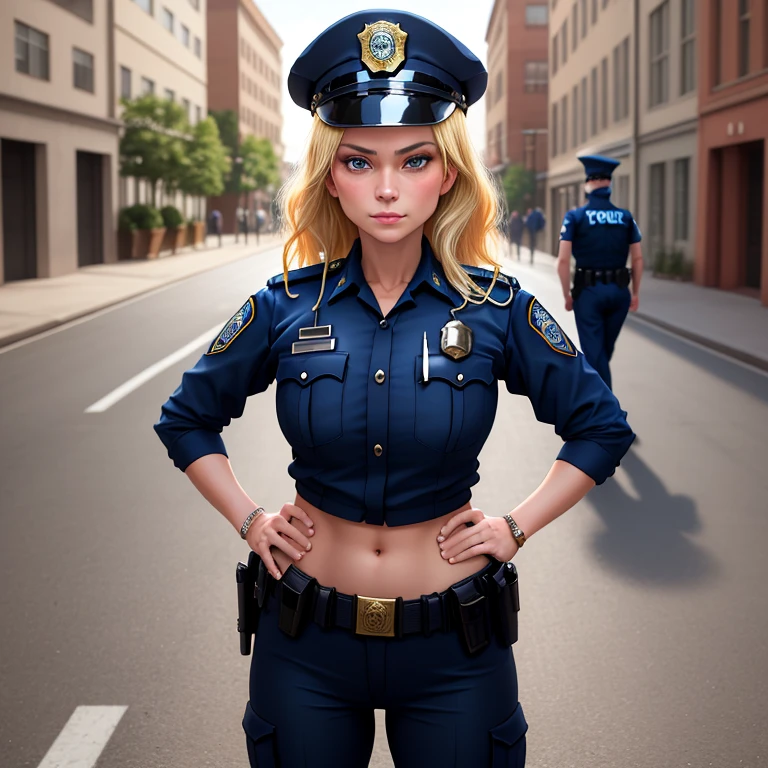 Masterpiece, best quality, detailed face, MILF, blonde hair, Police uniform, standing, hands on hips, police cap,in street, looking at viewer, neutral face