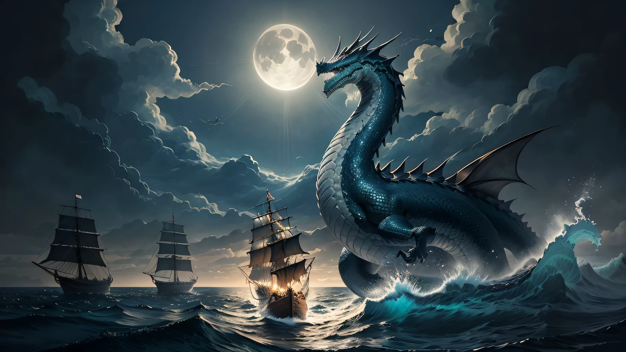 A majestic sea serpent dragon like a giant snake serpent, emerges from the depths of the ocean, towering over a wooden sailing ship, medieval fantasy setting, dramatic lighting with moonlight casting shadows, ultra-realistic detailing, waves crashing, epic scale