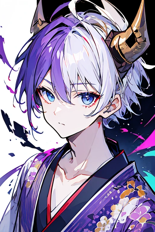 ((highest quality)), ((masterpiece)), ((1 person)),perfect face、male、purple hair color、light blue eyes、very short hair、vocal、pale colour、front、whole body、kimono、City of night、Demon horns on head、Japanese style、Japan、Edo
