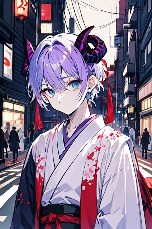 ((highest quality)), ((masterpiece)), ((1 person)),perfect face、male、purple hair color、light blue eyes、very short hair、vocal、pale colour、front、whole body、kimono、City of night、Demon horns on head、Japanese style、Japan、Edo