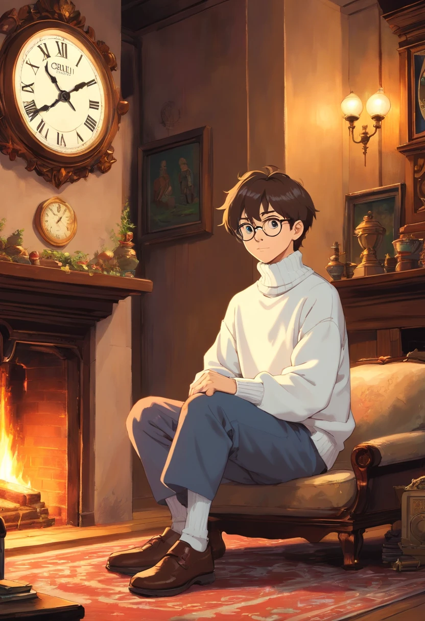 Beautiful boy wearing glasses white turtleneck sweater dress pants next to an old fireplace and a large pendulum clock