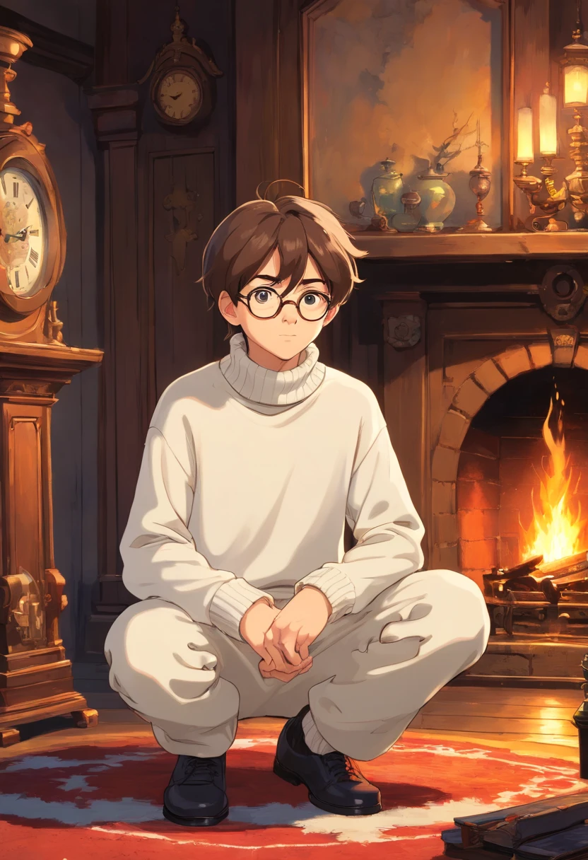 Beautiful 14 year old boy wearing glasses white turtleneck sweater dress pants next to an old fireplace and a large pendulum clock