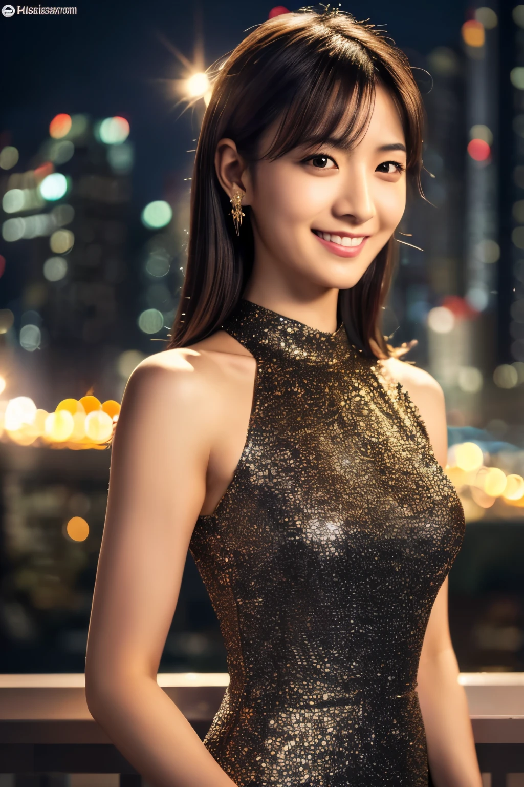 Skinny Japanese woman, age 30s, 1girl,(wearing a sleeveless glittery evening dress:1.2),(RAW photo, best quality), (realistic, photo-realistic:1.4), masterpiece, an extremely delicate and beautiful, extremely detailed, 2k wallpaper, Amazing, finely detail, extremely detailed CG unity 8k wallpaper, ultra-detailed, highres, soft light, beautiful detailed girl, extremely detailed eyes and face, beautiful detailed nose, beautiful detailed eyes,cinematic lighting,city lights at night,perfect anatomy,smiling