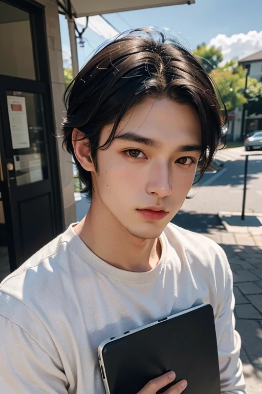 highest quality, masterpiece, ultra high resolution, (realistic:1.4), Raw photo, Young handsome man, black hair, medium shot,Holding a laptop in hand
