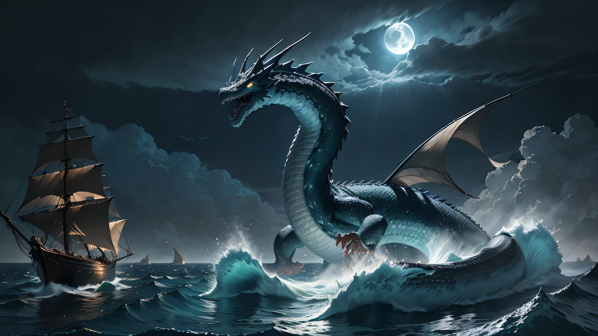A majestic sea serpent dragon like a giant snake serpent, emerges from the depths of the ocean, towering over a wooden sailing ship, medieval fantasy setting, dramatic lighting with moonlight casting shadows, ultra-realistic detailing, waves crashing, epic scale