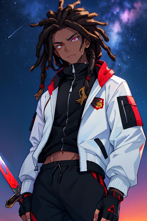 Young adult,Dark skin male,short dreadlocks,black hair,heterochromia,left red eye,purple right eye, highly detailed eyes, white sclera, sword behind hip,fingerless gloves, black long sleeve compression shirt, white zip up jacket, night sky, white sweatpants with black stripes, stoic expression