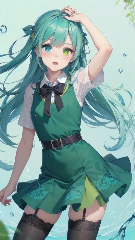 1girl, (masterpiece), best quality, expressive eyes, perfect face, anime girl with blue hair and green flowers in her hair, green hair, (aqua colored inner hair), anime girl wearing a green dress, green flowers, blue flowers, green and aqua clothes, green and aqua, green and aqua color palate, maiden anime girl, school girl in holographic dress, girl dressed in a holographic green dress, rose flower, green and blue color scheme, ((green)), dark green, (((aqua and yellow eye heterochromia))), small breast, ((aqua thighhighs))