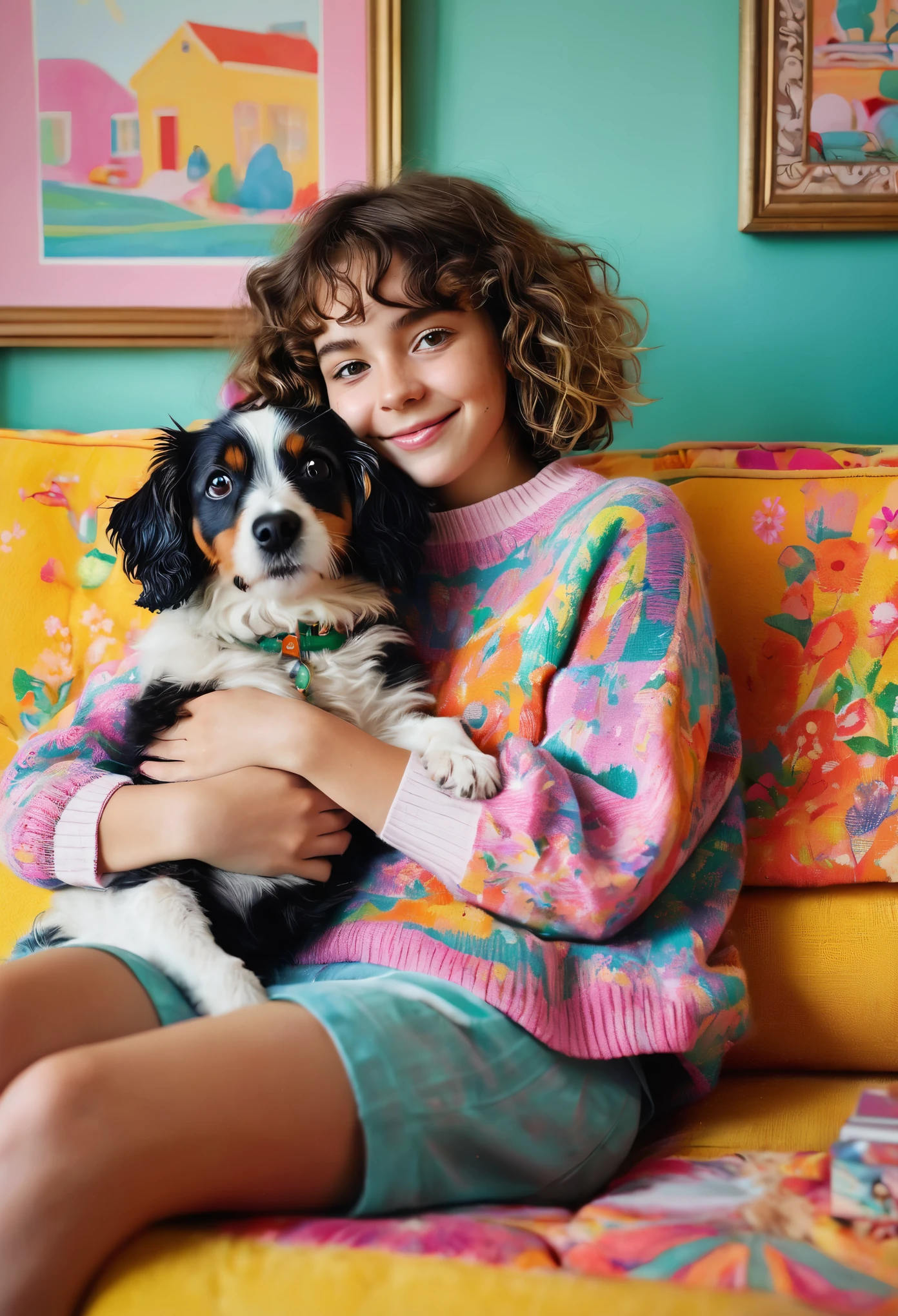 /imagine prompt: A delightful moment captured in a vibrant illustration, depicting a young girl and her beloved dog perched on a colorful couch. The girl, with short curly hair and wearing a cozy sweater, is sitting cross-legged, her arms wrapped around her dog in a tight embrace. The dog, a small and fluffy breed, is nestled against the girl, their eyes locked in a deep connection. The couch is adorned with bright and patterned cushions, reflecting the girl's playful personality. The room is filled with soft, diffused light, casting a warm glow on the scene. The walls are painted in cheerful pastel colors, adorned with whimsical artwork and framed photographs of the girl and her dog. The room is filled with toys and books, scattered around in a joyful mess. The atmosphere is filled with love and happiness, as the girl and her dog share a special bond in this cozy and vibrant setting. Illustration, digital art, vibrant colors, --ar 16:9 --v 5

