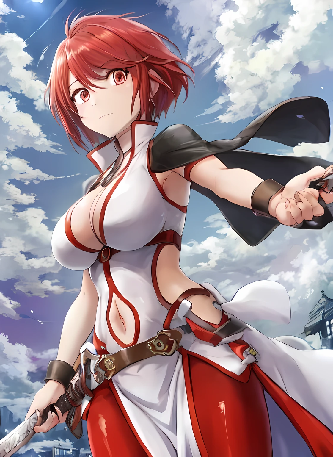 best quality, masterpiece, high quality, vesta_harem, 1girl, large breasts, cleavage, navel_cutout, side_slit, [[[[[red eyes]]]]], BREAK [[red_leggings]], oversized_belt, white_dress, BREAK holding_sword, cloudy_sky, sunlight