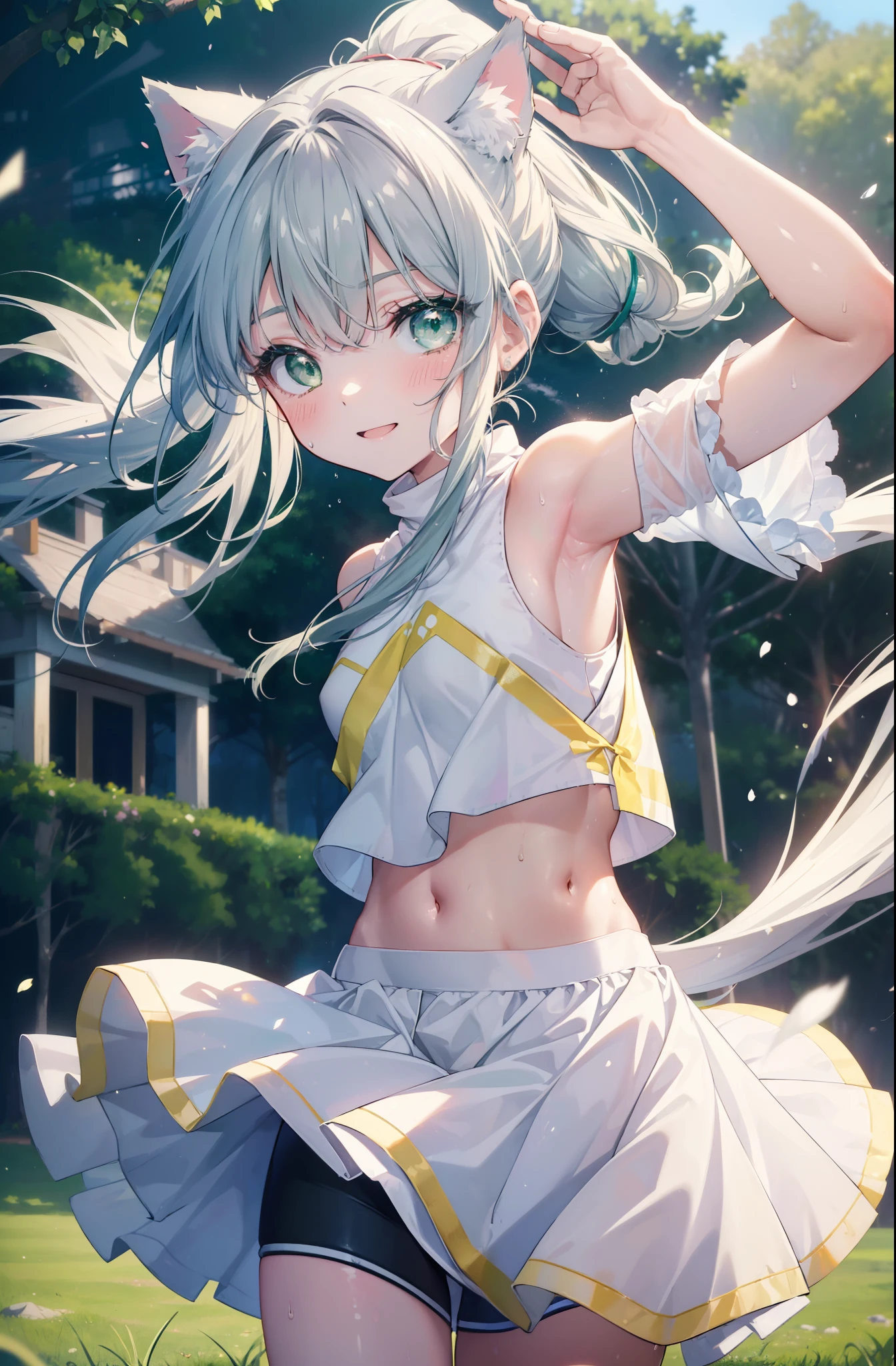 index, index, (green eyes:1.5), silver hair, long hair, (flat chest:1.2),ponytail,smile,blush,open your mouth,(cheer leading), (whole body),animal ears　 Cat ear,Animal tail　cat tail,lower, (sweaty), sweaty Wet Clothes, (white clothes), , Navel support, playground, (jump), (jump), 足を曲げてjumpする, air, blue sky, Grass原, smile,Cheerleader, pom pom \(cheer leading\), Grass, smile, 
break looking at viewer, Upper body, whole body,
break indoors, stadium,
break (masterpiece:1.2), highest quality, High resolution, unity 8k wallpaper, (figure:0.8), (detailed and beautiful eyes:1.6), highly detailed face, perfect lighting, Very detailed CG, (perfect hands, perfect anatomy),