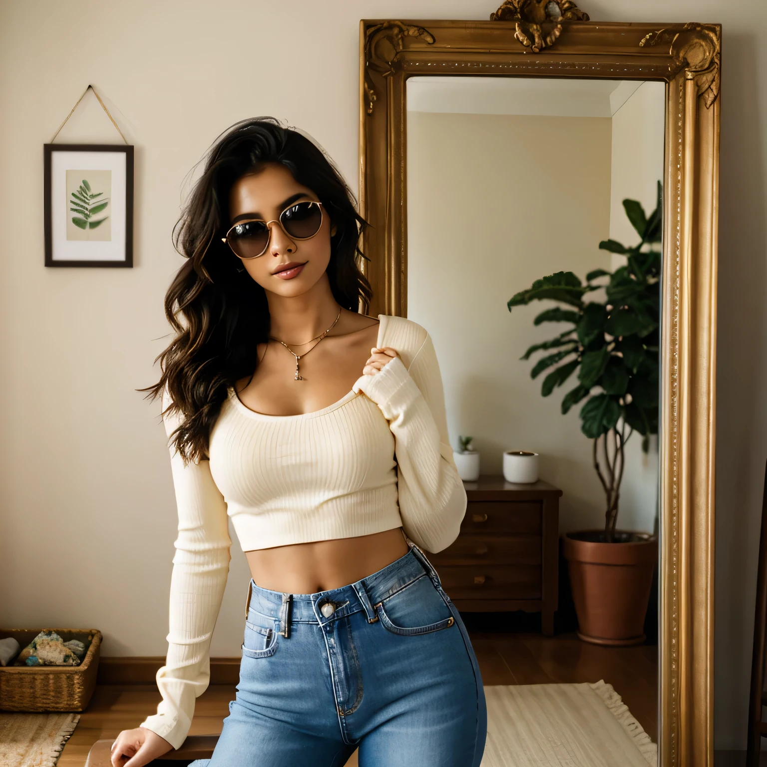 An indoor portrait of an Indian girl posing in front of a mirror, allowing for a clear view of her outfit and the room behind her. The angle is a medium close-up, with the camera held at a slight upward angle to capture her reflection from her midriff upwards.
The woman is slender and fit, with a toned abdomen. Her attire consists of a long-sleeved, ribbed, cream-colored crop top that sits off the shoulders, showcasing her collarbones. The top is matched with high-waisted light blue denim jeans, contributing to a relaxed yet fashionable look. She complements her outfit with a black cap with a prominent white logo, worn backwards, and oversized black sunglasses that add an air of mystery to her look. A small black purse with a chain strap hangs diagonally across her body.
In the background, a cozy, eclectic interior is visible, including a collage of photographs on the wall, suggesting personal interests or memories. There's a small, triangular shelf with a potted plant, contributing to a homely atmosphere. The room has a bohemian vibe, with various plants and rustic furniture pieces that give the space character.
The lighting is natural, with sunlight streaming in from outside the frame, illuminating her face and highlighting her features. The mirror reflection creates a sense of depth and dimensionality, while also providing a glimpse into her personal space. The model's pose is casual and confident, with one hand tucked into the pocket of her jeans, and the other holding the phone, her expression partly obscured yet playful behind the shades.