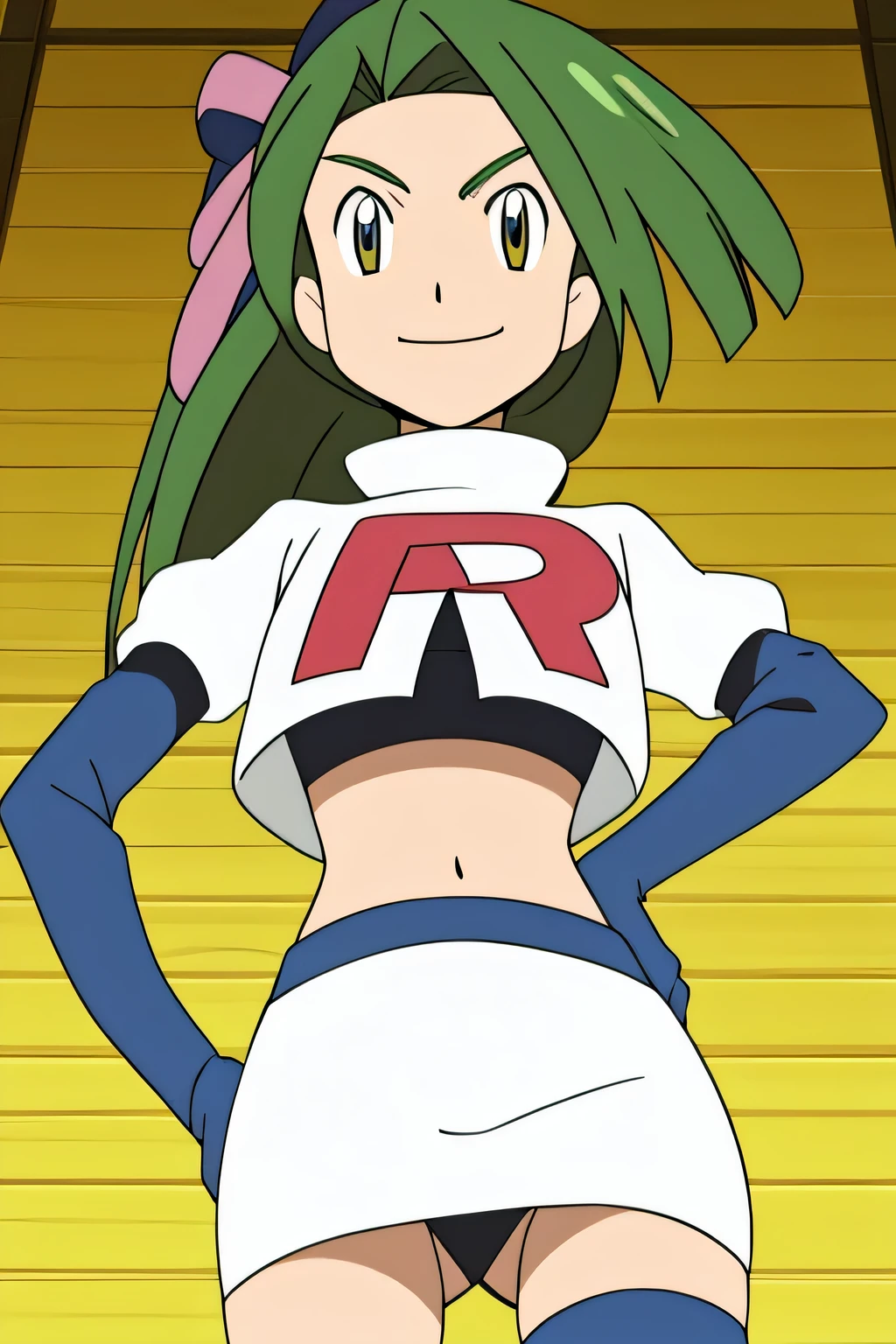 8k, masterpiece,highres, team rocket uniform, red letter r, white skirt,white crop top,black thigh-high boots, black elbow gloves, evil smile, looking down at viewer, hands on hips, cowboy shot, zettai ryouiki,from below, black panties,anime style, vivid colors, sharp focus, intense lighting,fujibayshi suzu, tales of phantasia