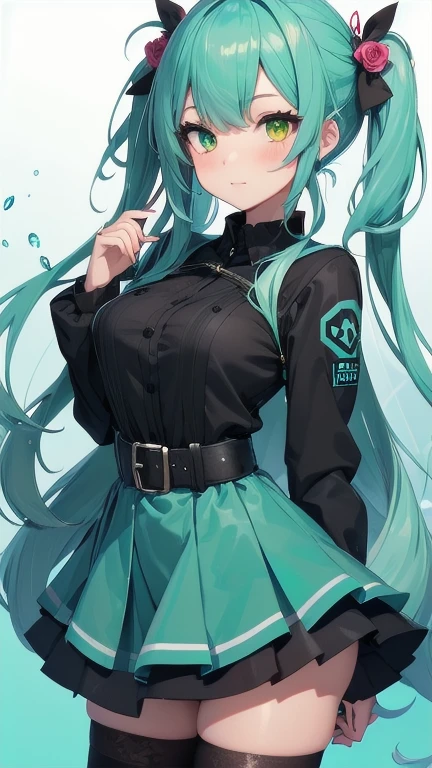 1girl, (masterpiece), best quality, expressive eyes, perfect face, anime girl with blue hair and green flowers in her hair, green hair, (aqua colored inner hair), anime girl wearing a green dress, green flowers, blue flowers, green and aqua clothes, green and aqua, green and aqua color palate, maiden anime girl, school girl in holographic dress, girl dressed in a holographic green dress, rose flower, green and blue color scheme, ((green)), dark green, (((aqua and yellow eye heterochromia))), small breast, ((aqua thighhighs))