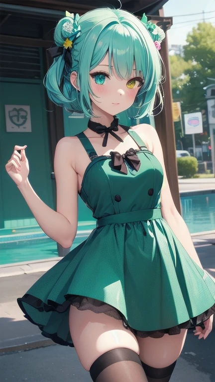 1girl, (masterpiece), best quality, expressive eyes, perfect face, anime girl with blue hair and green flowers in her hair, green hair, (aqua colored inner hair), anime girl wearing a green dress, green flowers, blue flowers, green and aqua clothes, green and aqua, green and aqua color palate, maiden anime girl, school girl in holographic dress, girl dressed in a holographic green dress, rose flower, green and blue color scheme, ((green)), dark green, (((aqua and yellow eye heterochromia))), small breast, ((aqua thighhighs))