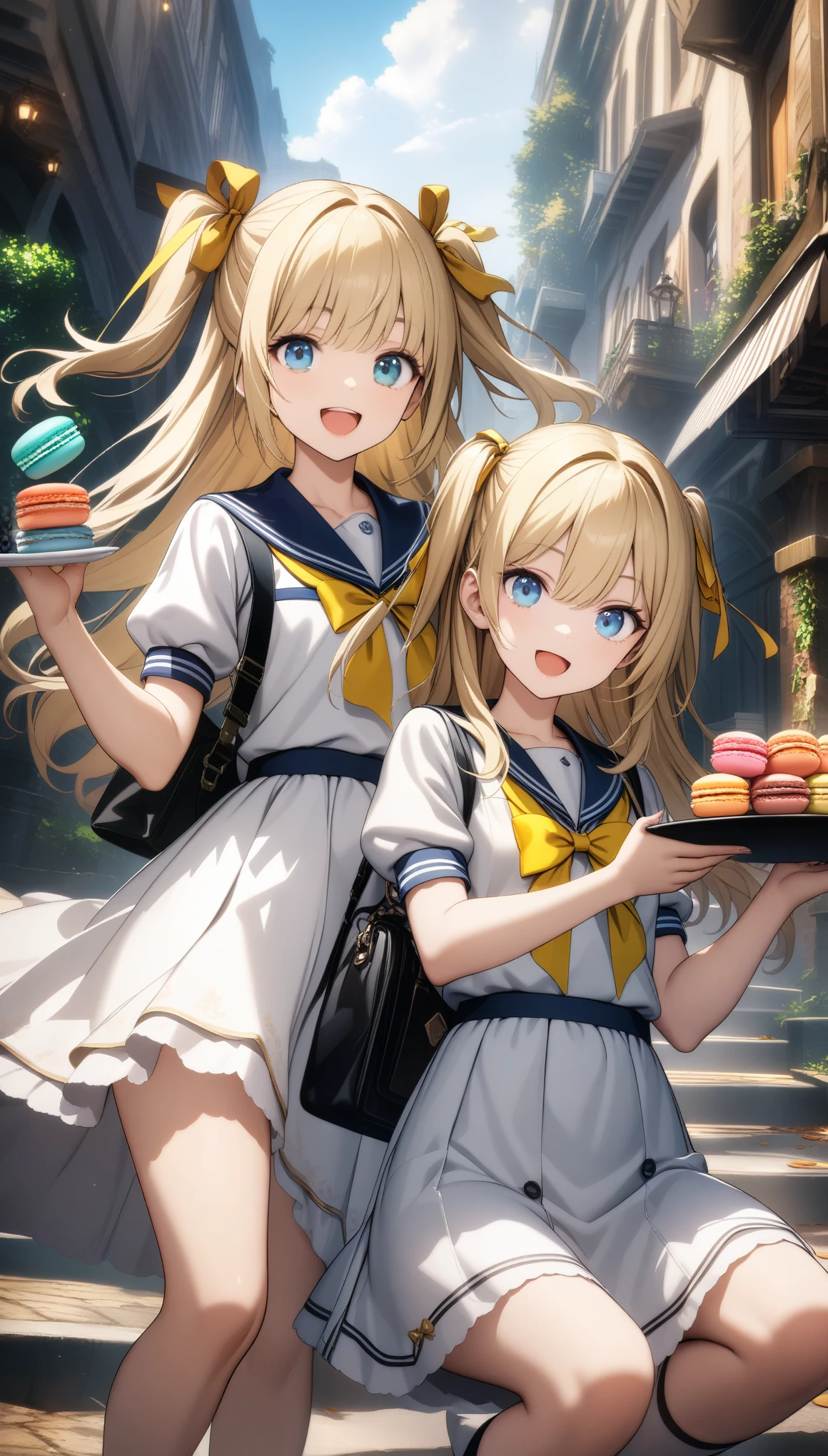32k, best quality, ultra high res, HDR, UHD, extremely detailed CG, unity 32k wallpaper, long hair, looking at viewer, smile, open mouth, bangs, blue eyes, multiple girls, blonde hair, dress, ribbon, holding, 2girls, hair ribbon, weapon, short sleeves, :d, food, sword, sailor collar, bag, holding weapon, white dress, two side up, twins, yellow ribbon, macaron,