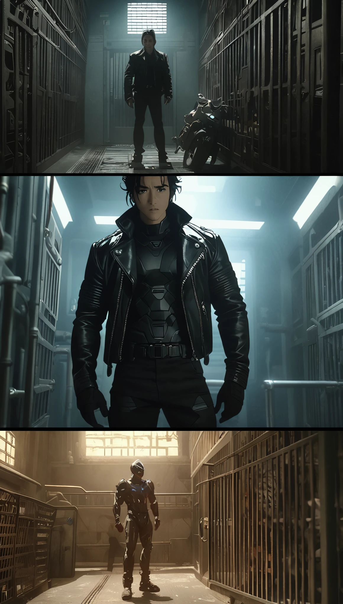 arafed man standing in a jail cell with a caged door, answer music video, I saw it in the movie, Robot movie stills, still from music video, still from alita, Altered carbon, Aztec movie stills, Leather jacket under armor, Dark Stains :: Athletic, Alien movie stills, cage