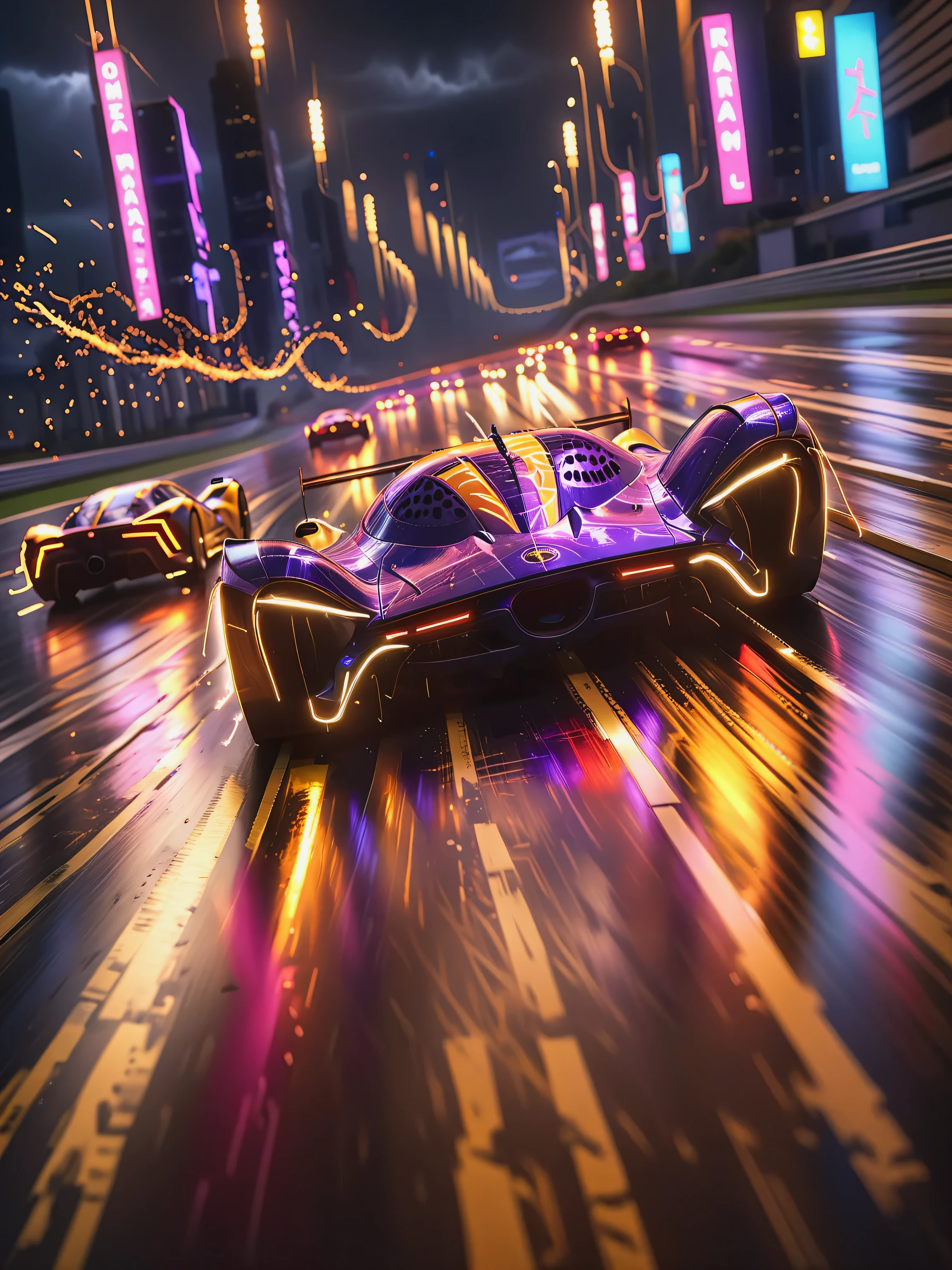 a dynamic perspective, perhaps from ground level or a low angle, to emphasize the speed and power of the racing cars as they zoom past. Use foreshortening to accentuate the sense of depth and movement,  glowneon, glowing, sparks, lightning 