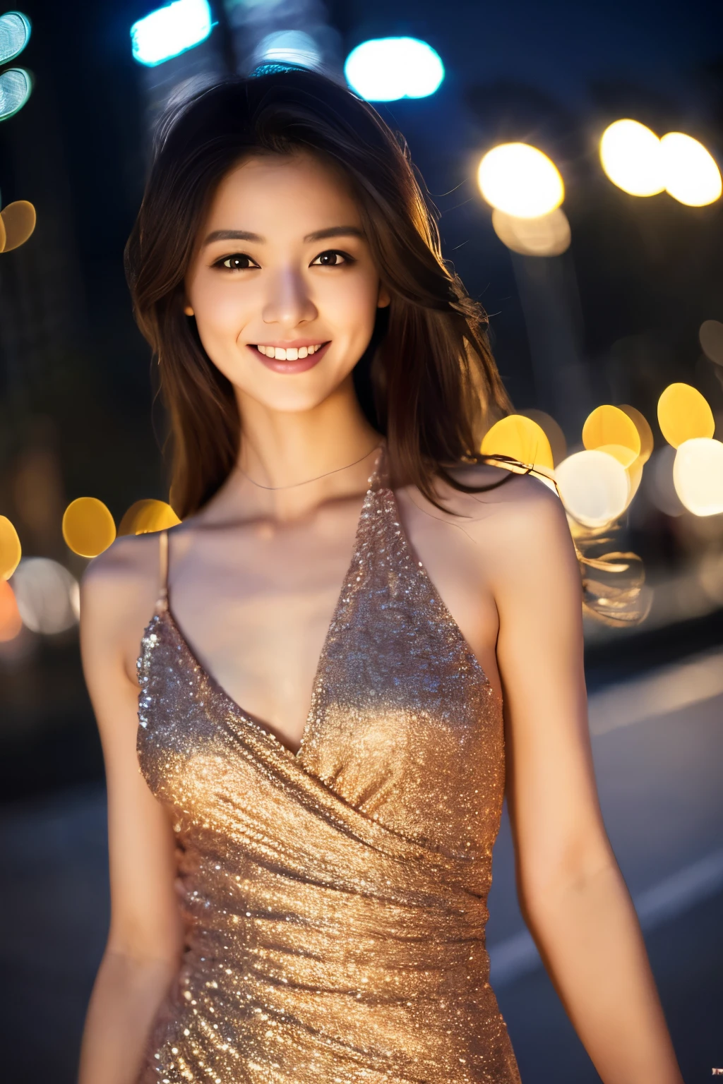 Skinny Japanese woman, age 30s, 1girl,(wearing a sleeveless glittery evening dress:1.2),(RAW photo, best quality), (realistic, photo-realistic:1.4), masterpiece, an extremely delicate and beautiful, extremely detailed, 2k wallpaper, Amazing, finely detail, ultra-detailed, highres, soft light, beautiful detailed girl, extremely detailed eyes and face, beautiful detailed nose, beautiful detailed eyes,cinematic lighting,city lights at night,perfect anatomy,smiling