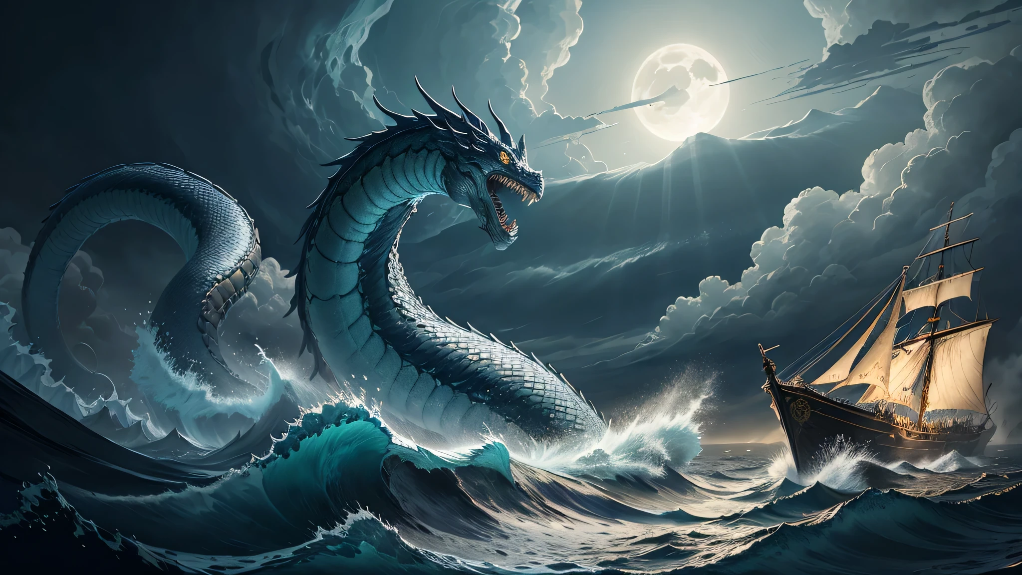 A majestic sea serpent dragon like a giant snake serpent, emerges from the depths of the ocean, destroying over a wooden sailing ship, medieval fantasy setting, dramatic lighting with moonlight casting shadows, ultra-realistic detailing, waves crashing, epic scale
