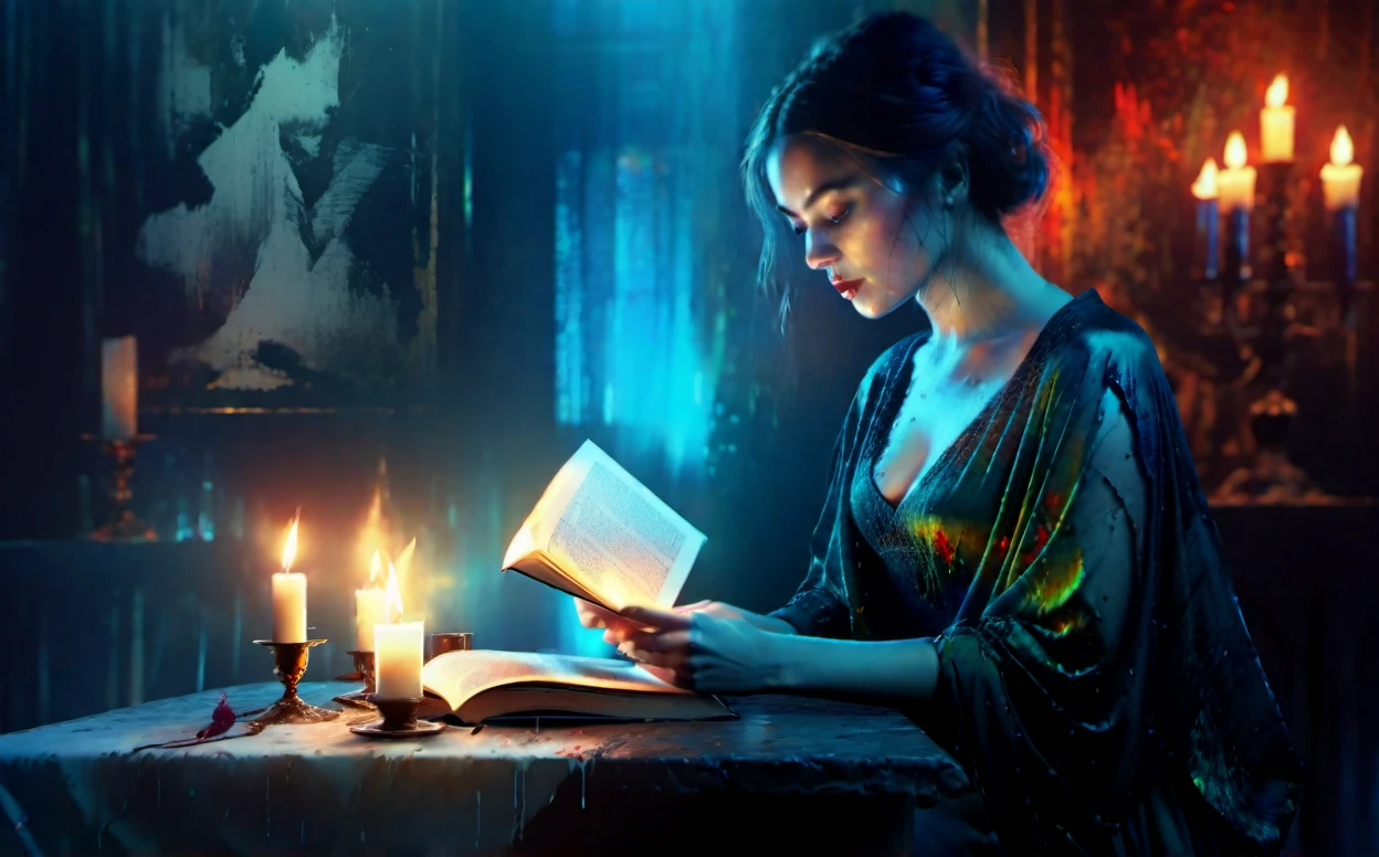 woman reading at a table by candlelight, very dark room, minimalist, Wadim Kashin, Willem Haenraets, Carne Griffiths, alcohol ink, Paul Lovering, surreal, beautiful, exquisitely detailed, a masterpiece; Detailed matte painting, deep colors, fantastic and intricate details, splash screen, complementary colors, fantasy concept art, 8k resolution trend in Artstation Unreal Engine 5"