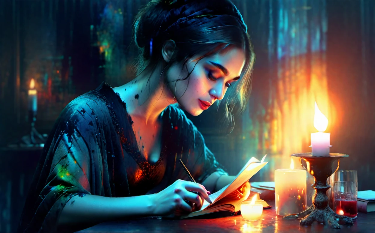 woman reading at a table by candlelight, very dark room, minimalist, Wadim Kashin, Willem Haenraets, Carne Griffiths, alcohol ink, Paul Lovering, surreal, beautiful, exquisitely detailed, a masterpiece; Detailed matte painting, deep colors, fantastic and intricate details, splash screen, complementary colors, fantasy concept art, 8k resolution trend in Artstation Unreal Engine 5"
