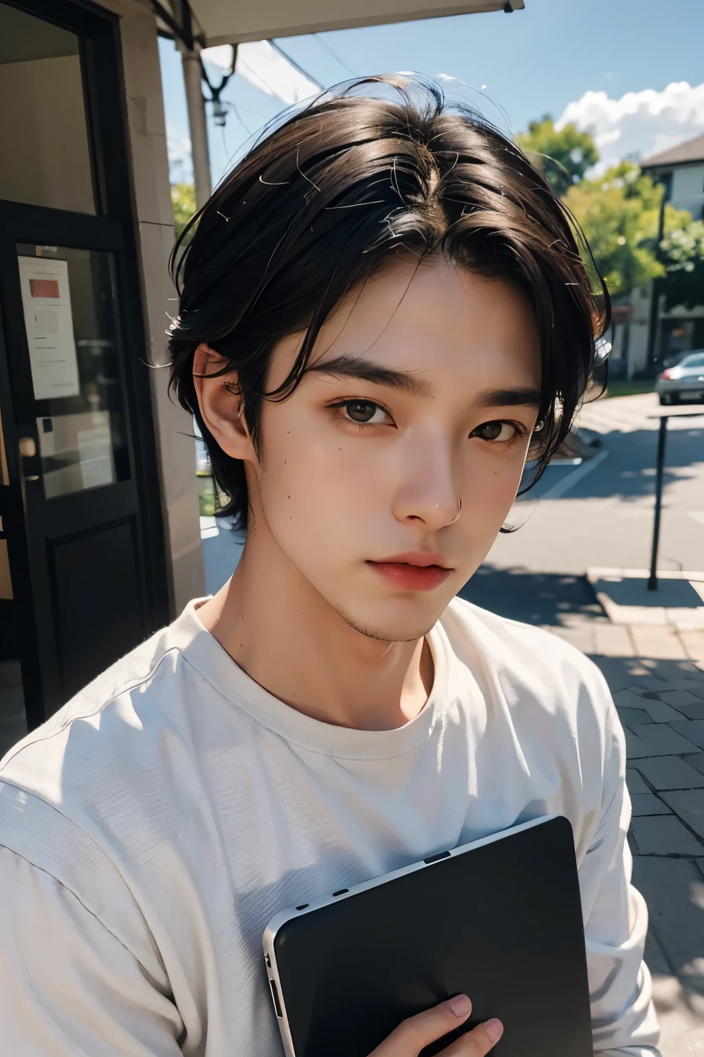 highest quality, masterpiece, ultra high resolution, (realistic:1.4), Raw photo, Young handsome man, black hair, medium shot,Holding a laptop in hand