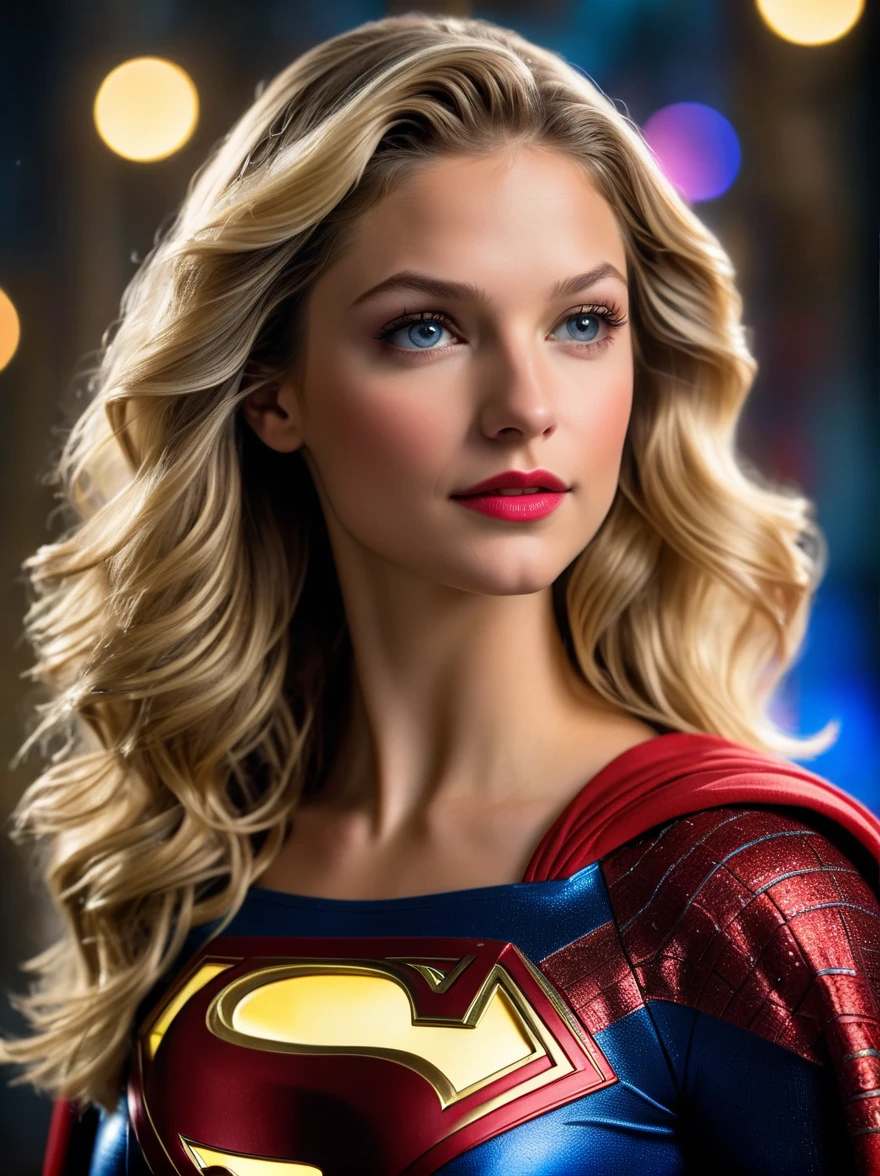((Waist Up photo shoot))of 20 years old beautiful Blondie 80's heavy metal rockstar hairstyle [Gal Gadot:Melissa Benoist:0.45] as Supergirl, detailed face, detailed skkin pore, insanely detailed and intricate, ornate, is in Kal El South Pole Sanctuary, bokeh, shallow depth of field, ambient lighting, ultra sharp focus, low key, dark theme, realistic style,more detail XL