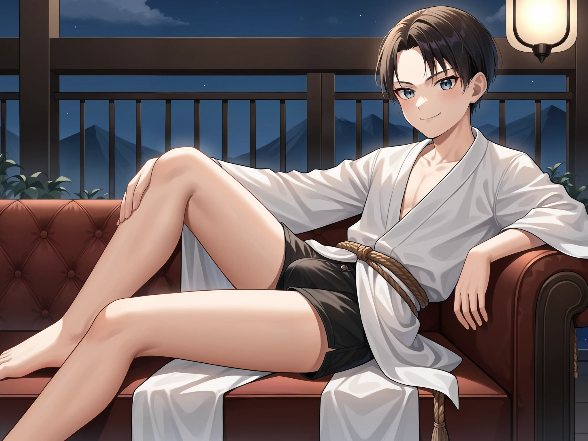 source_anime,score_9,score_8_up, score_7_up, 1boy,solo,outdoors, apex legends, wraith, couch, indoors, seductive, face closeup, ((closed mouth)), smirk, thighs, long shot, balcony, mountain and riverbackground, fancy, white couch, laying, leaning, front view, exposed penis, shorts with rope outline, white robe, genderswap, genderbend, bulge, genderbend ftm, ftm, short hair, femboy, Japanese rope underwear, shota, young, very young, aged down, lole, tiny, night time, smug, smirk, night, after dark,  cannopy curtain, curtain, fancy cannopy curtian, medium penis 