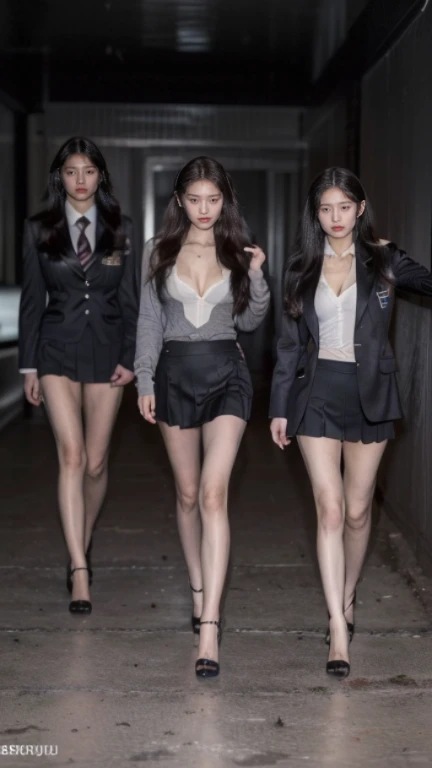 dusk,dramatic,Ironically,((night:1.3)) ,(best quality,high resolution,8K:1.3),Inspired by Japanese movies,(Real movie stills:1.3), (actual、lifelike、Realism:1.3), full body portrait,Shots from a distance,Movie cover style,1 girl ,(((female student))),1 girl和2名男人,Tall man,beautiful girl,beautiful face,Highly detailed facial details,Highly detailed eyes,Perfect body,((Stylish long hair:1.2)) ,((slender legs:1.6)) ,(Realistic skin texture:1.3),(film grain:1.3),(in the darkness, midnight) ,((cleavage)), ((Sexy high heels:1.2)) ,((Girls wearing school uniforms:1.5)),((Complex school uniforms、badge:1.3)) ,((cleavage:1.4)) ,Threatening atmosphere, ((full body shot:1.5)),((in the darkness:1.3)), ((sharp focus:1.4)) ((standing posture:1.3)),Movie plot,(sharp focus:1.2), Very detailed, (lifelike:1.4), (The original image, 8K high resolution:1.2), RAW candid movies, 16 mm, Color graded Portra 400 film, Surreal, subsurface scattering, Ray tracing, (Volumetric lighting),(((Girl with 2 guys))),Threatening atmosphere,Background in the classroom,Standing water on the ground