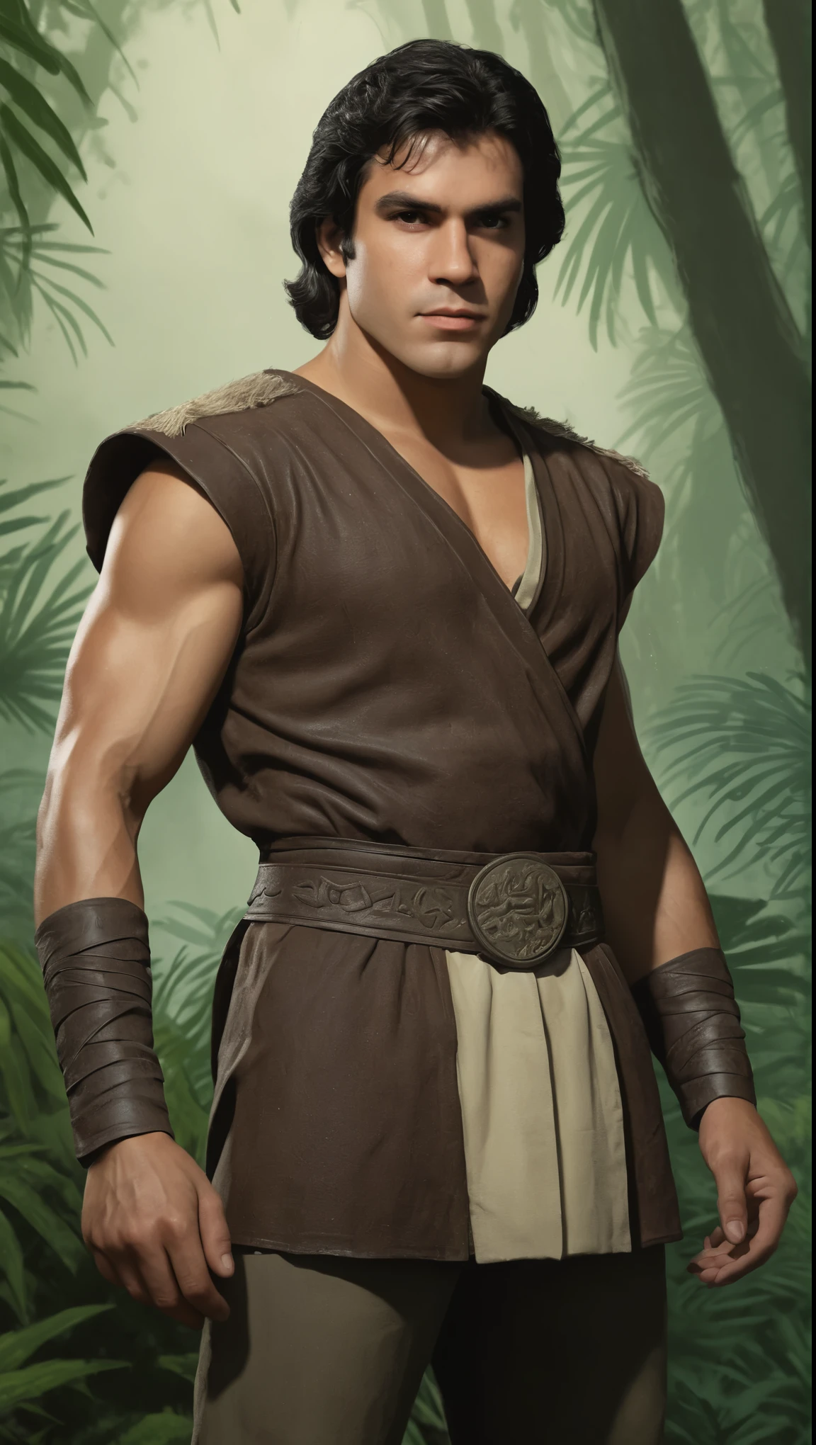 An illustrated movie poster, hand-drawn, full color, a jedi man, 25 years-old, wearing a jedi tunic and patched trousers, resembles a young Lou Ferrigno, sun-tanned skin, round face, average height, broad shoulders, soft belly, deep brown eyes, wide bulbous nose, black hair, curly taper fade, thick bushy eyebrows, extremely hairy chest, stomach, and arms, lots of body hair, posing in the jungle, wet listening skin, hard shadows, graphite shading, stencil marks, airbrushed acrylic paint, masterpiece, in the style of Skyrim