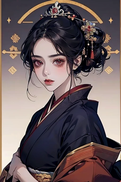 1female, black hair long straight, brown eyes, dark blue kimono, feudal Japan, looking at viewer, portrait, beautiful, symmetrical face