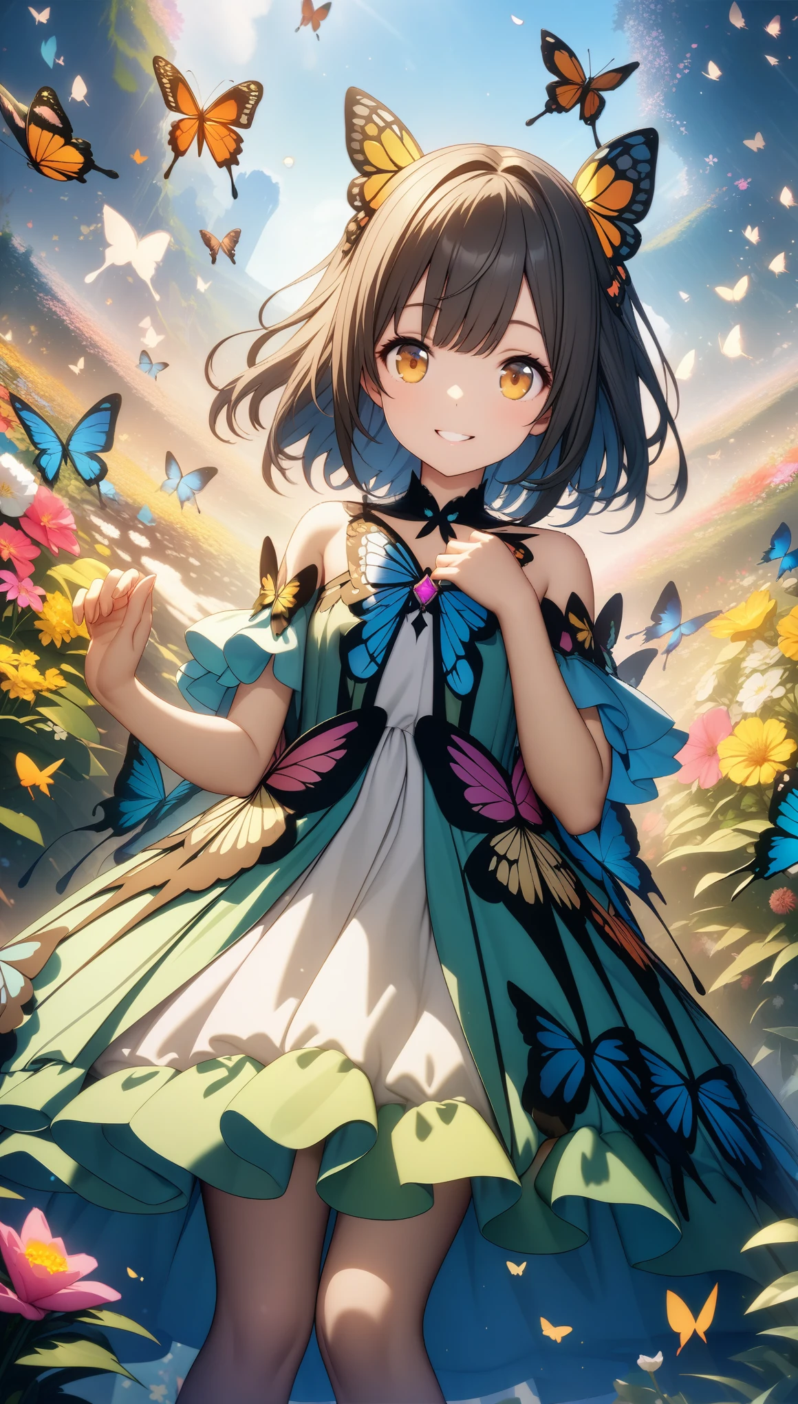 32k, best quality, ultra high res, HDR, UHD, extremely detailed CG, unity 32k wallpaper, (beautiful cute girl), (butterfly ornament), (butterfly dress), ((many butterflies)), (((background of many flowers
))), (((bright background))), (beautiful world), (cute world), smile,